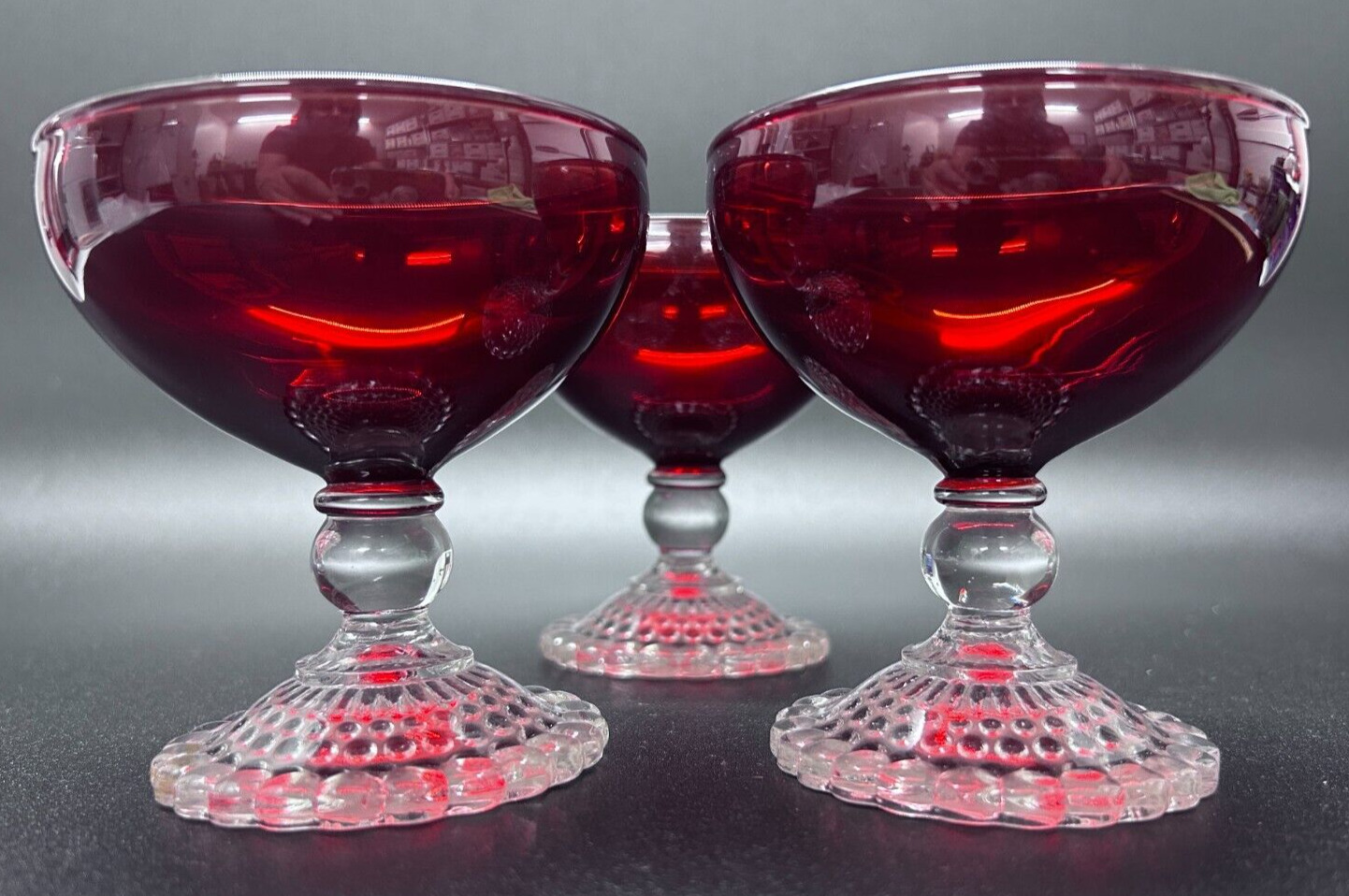 Vtg Anchor Hocking Ruby Red Bubble Foot Champagne /Tall Sherbet Glass - Set of 3