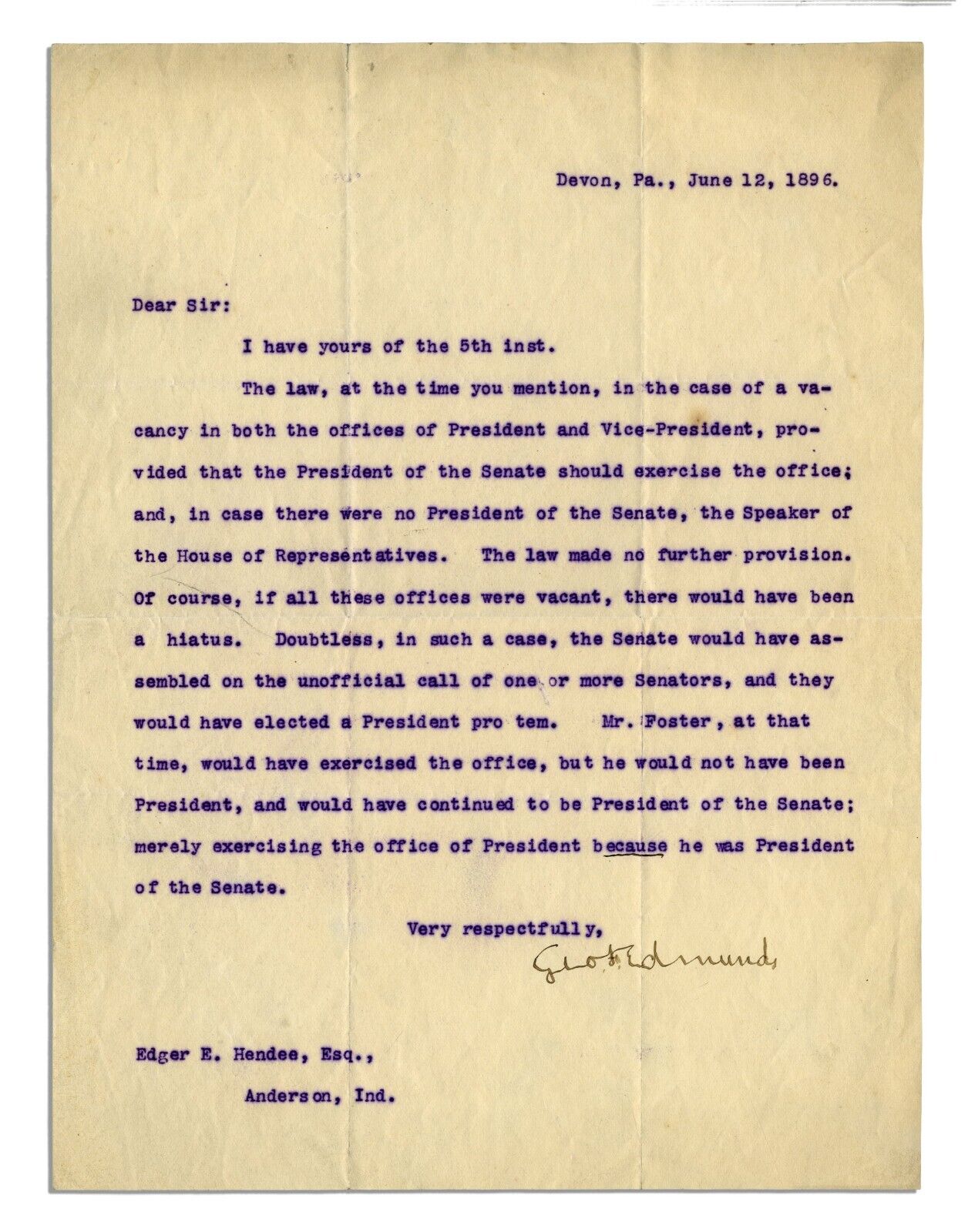 Andrew Johnson Impeachment Senator Letter Signed