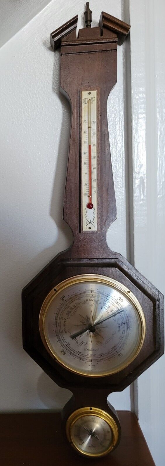 Vintage DUNHAVEN Banjo Shaped Wood Wall Weather Station Temp/Baro/Hydro-Meter