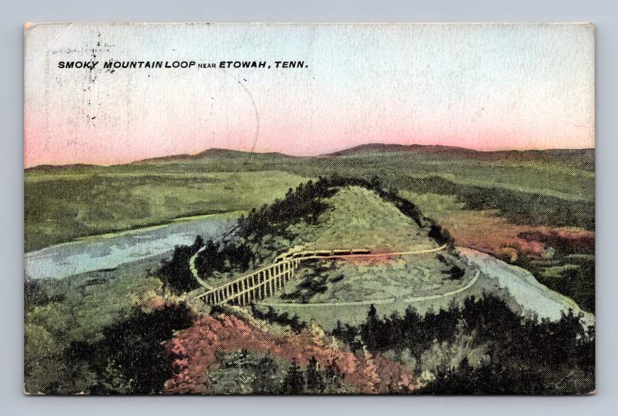 Smoky Mountain Railroad Loop ETOWAH Tennessee Antique Hand Colored Postcard 1909