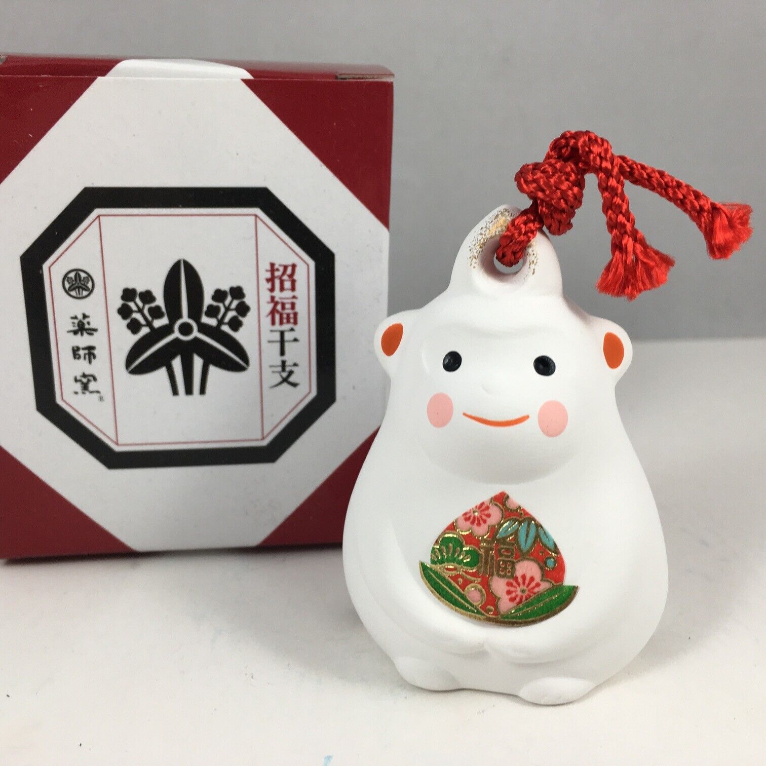 Japanese White Clay Lucky Monkey ETO Bell Ornament Good Luck Rich Made in Japan