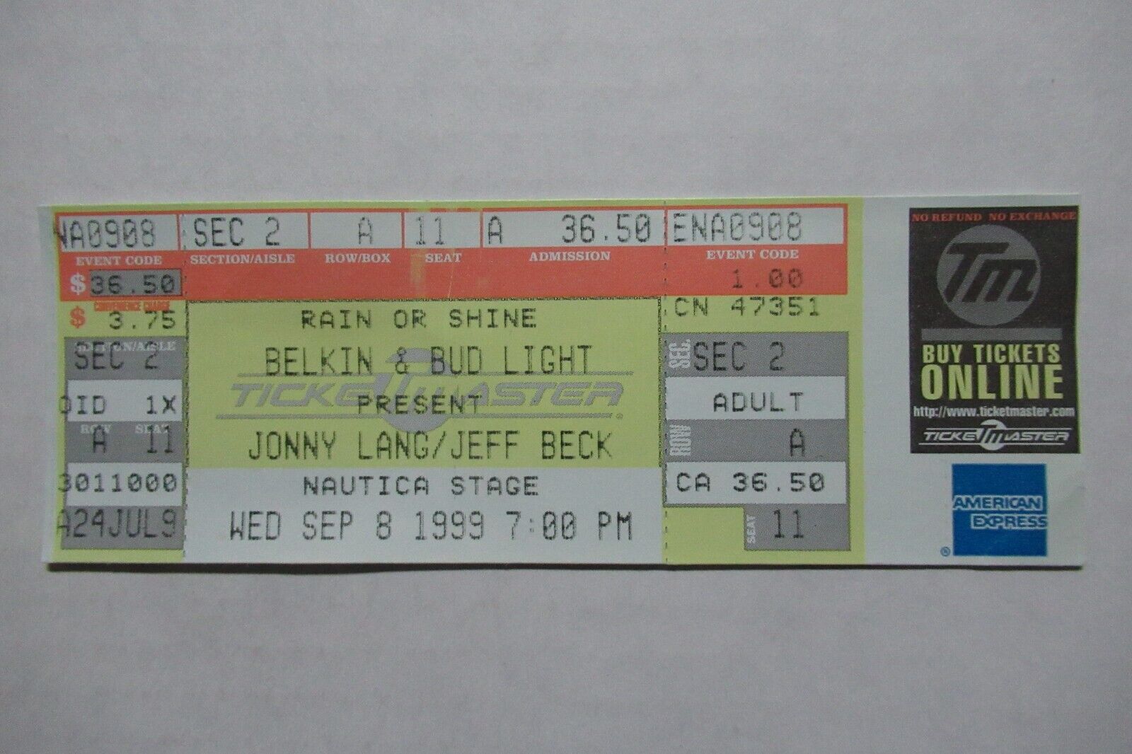 JONNY LANG/JEFF BECK CONCERT TOUR 9/8/1999 FULL TICKET NAUTICA STAGE CLEVELAND