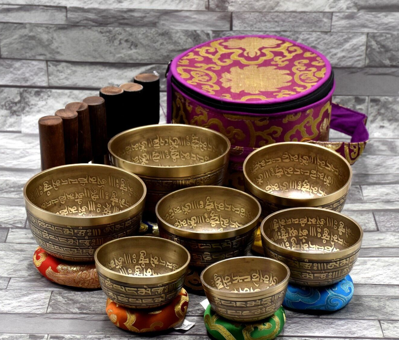 Mantra Etching Singing Bowl Set-Tibetan Singing Bowl Set of 7-Chakra Healing Set
