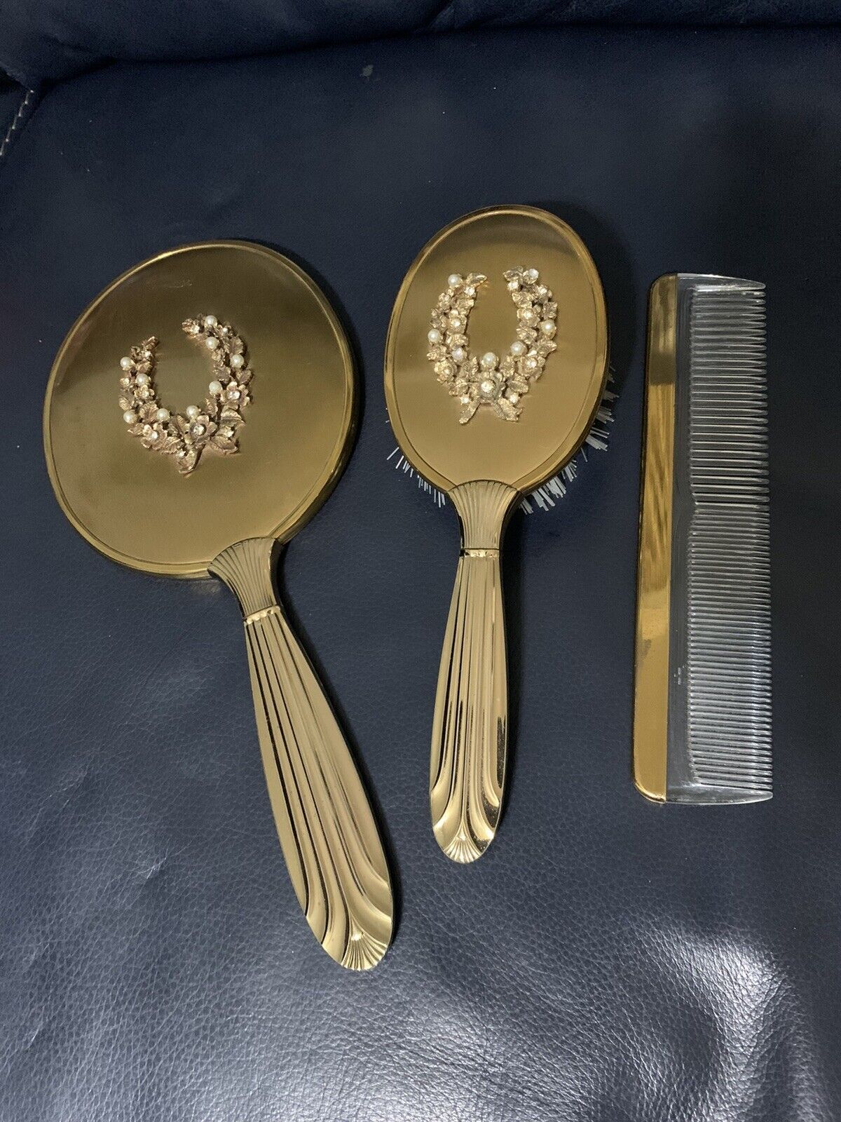 Vintage Set 3 Piece Gold Tone Brush, Mirror, Comb Floral Design With Pearls