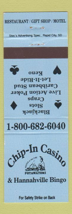 Matchbook Cover - Chip In Casino Hannahville Bingo Potawatomi Milwaukee?