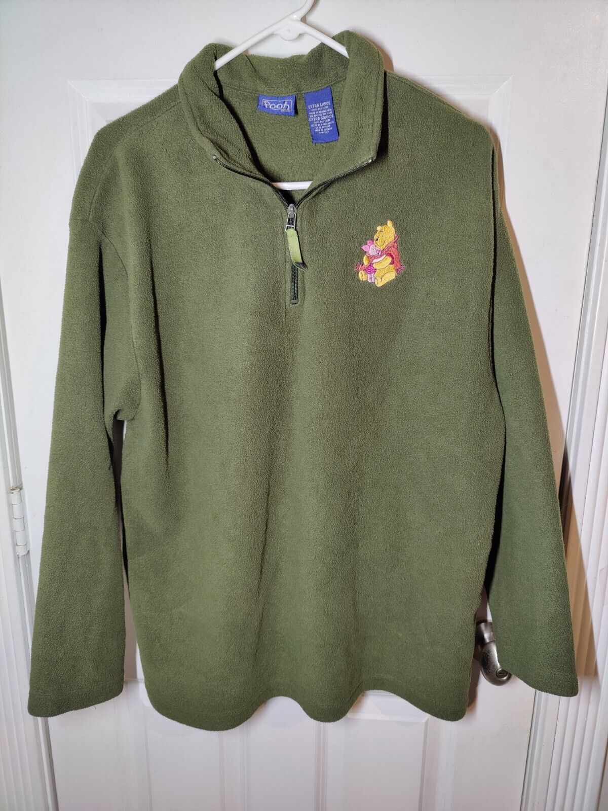 Vtg Pooh Bear Olive Green Fleece 1/4-Zip Pullover Pooh & Piglet Embroidered XL