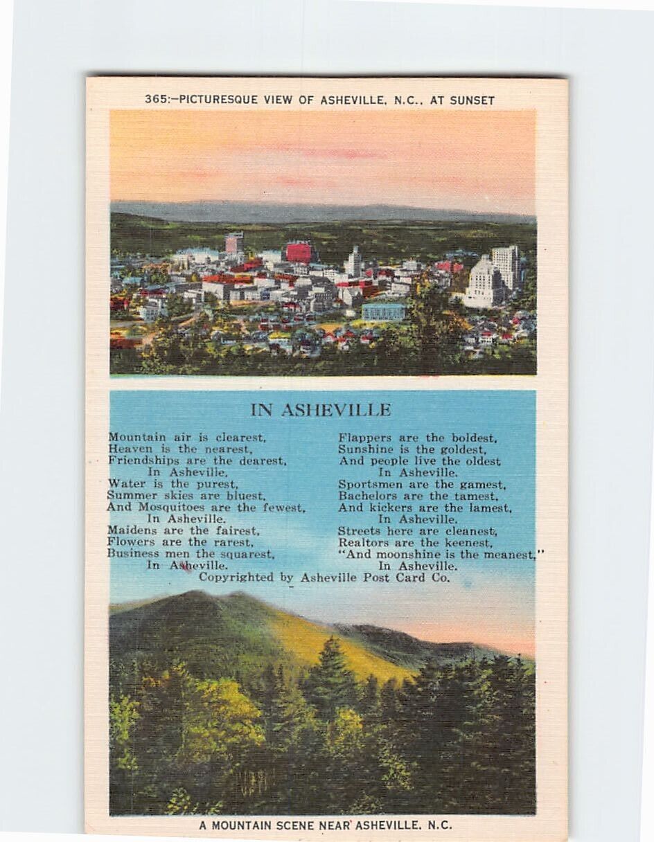 Postcard Picturesque View of Asheville North Carolina at Sunset USA