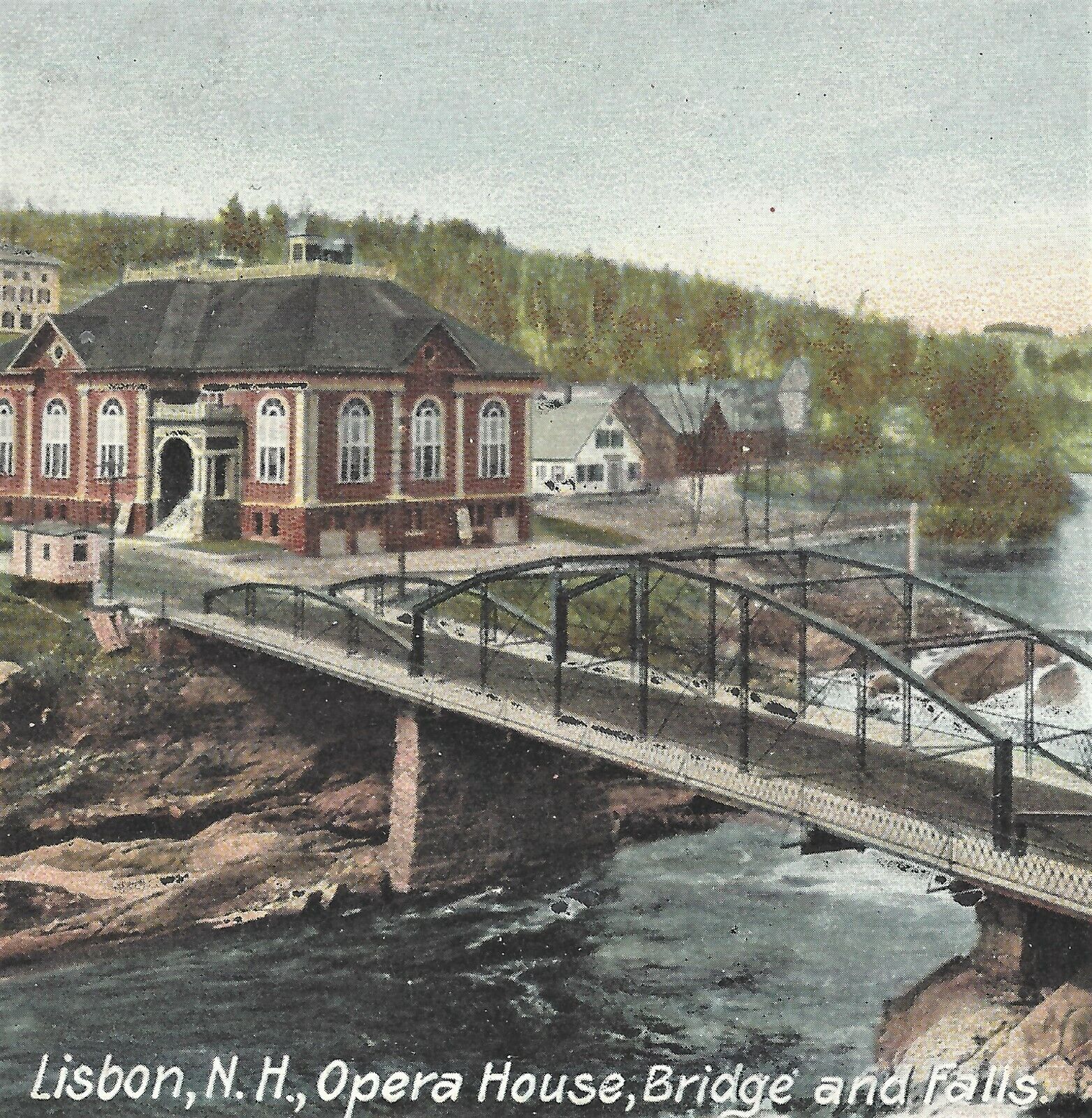 NH Lisbon Opera House Ammonoosuc River Falls Bridge Postcard c1910
