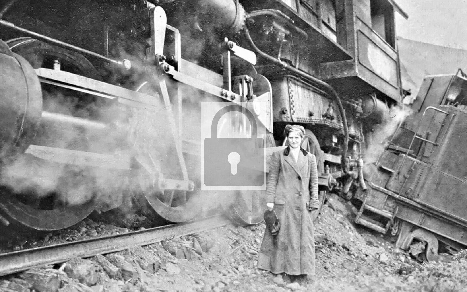 Woman Standing By Railroad Train Wreck Spokane Washington WA Reprint Postcard