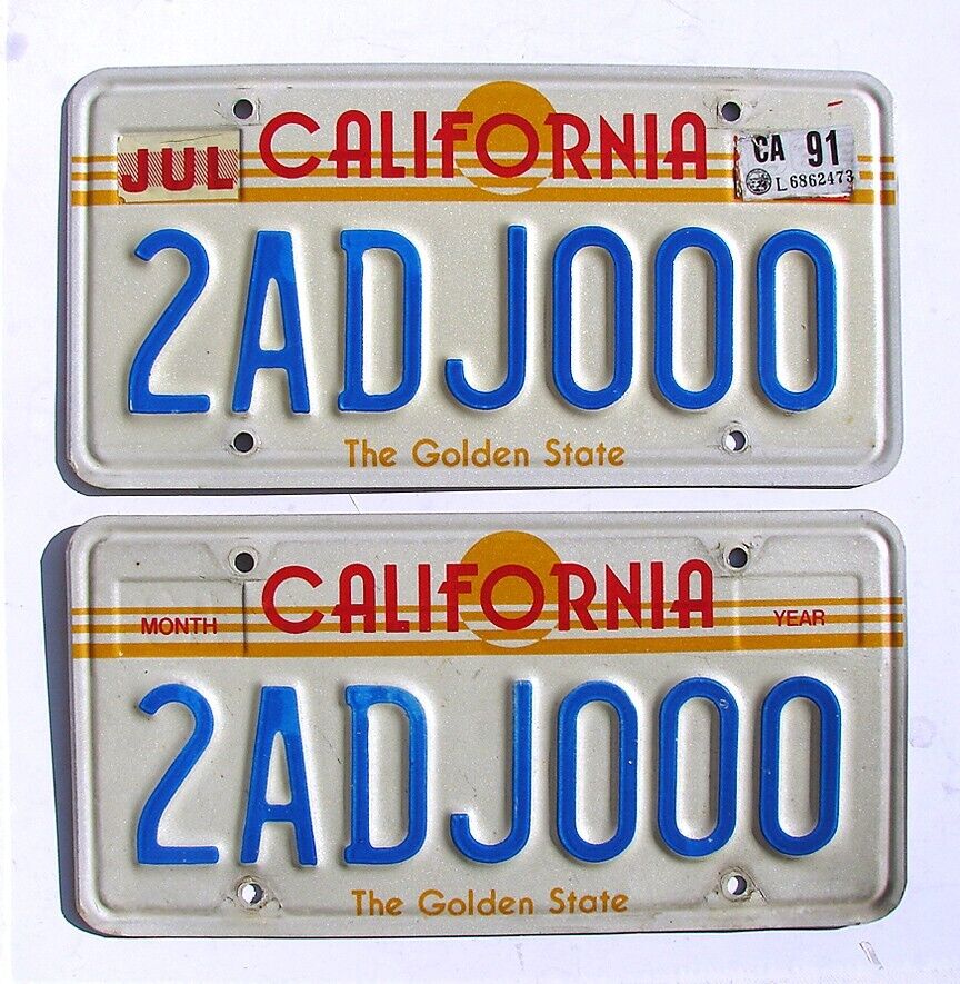 1991 California GOLDEN STATE License Plate PAIR SUPERB QUALITY # 2 ADJ 000