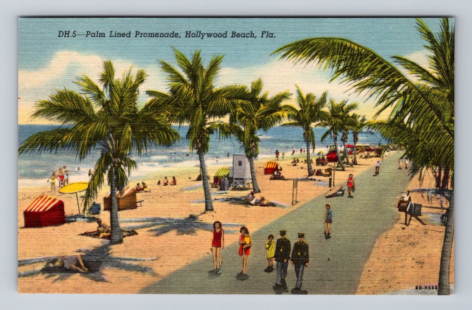 Hollywood FL-Florida, On Beach Palm Lined Promenade, Antique Vintage Postcard