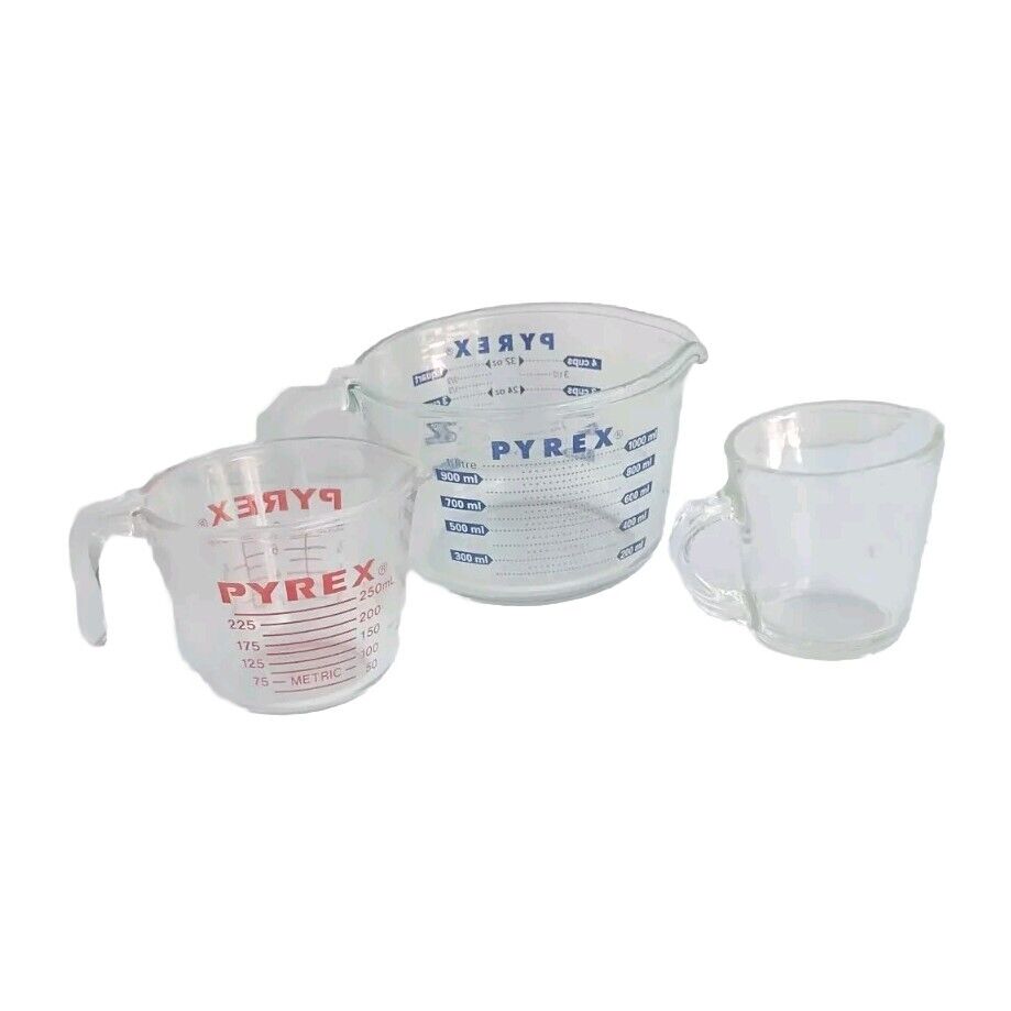 Vintage Pyrex Measuring Cups Lot Of Three  Blue 4 Cup & Two 1 Cup Containers 