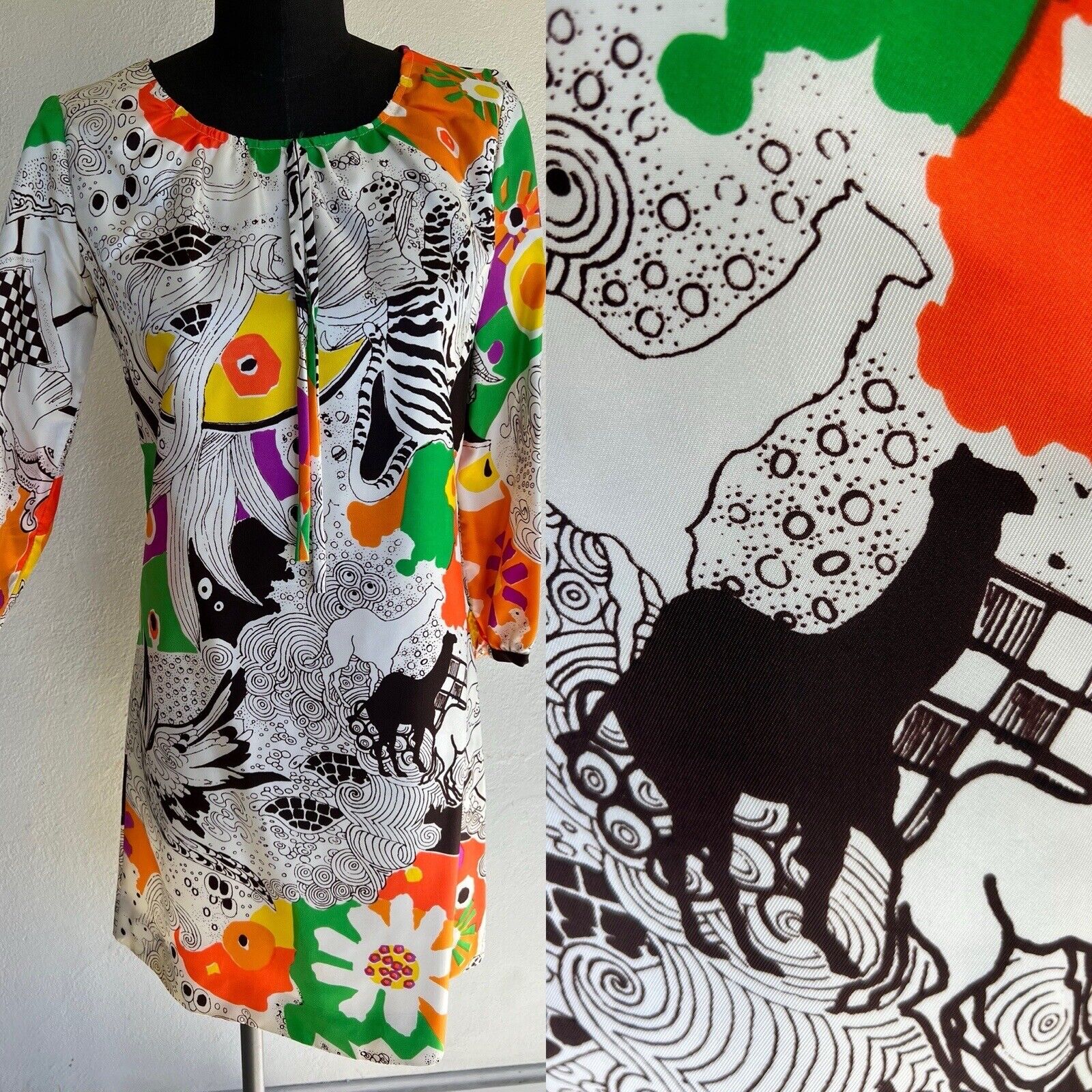 VTG 1970\'s TROLL JRS NY Animal Prints Psychedelic Tunic Mini Dress S or M GREAT