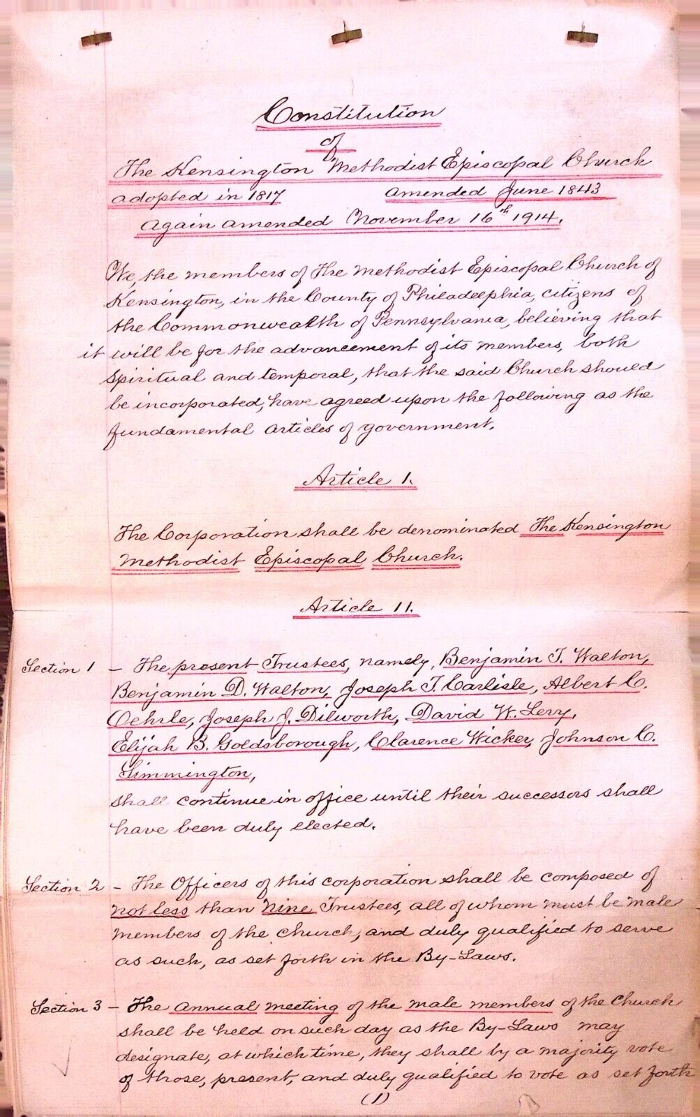 Kensington Methodist Episcopal Church Constitution 1914 Handwritten