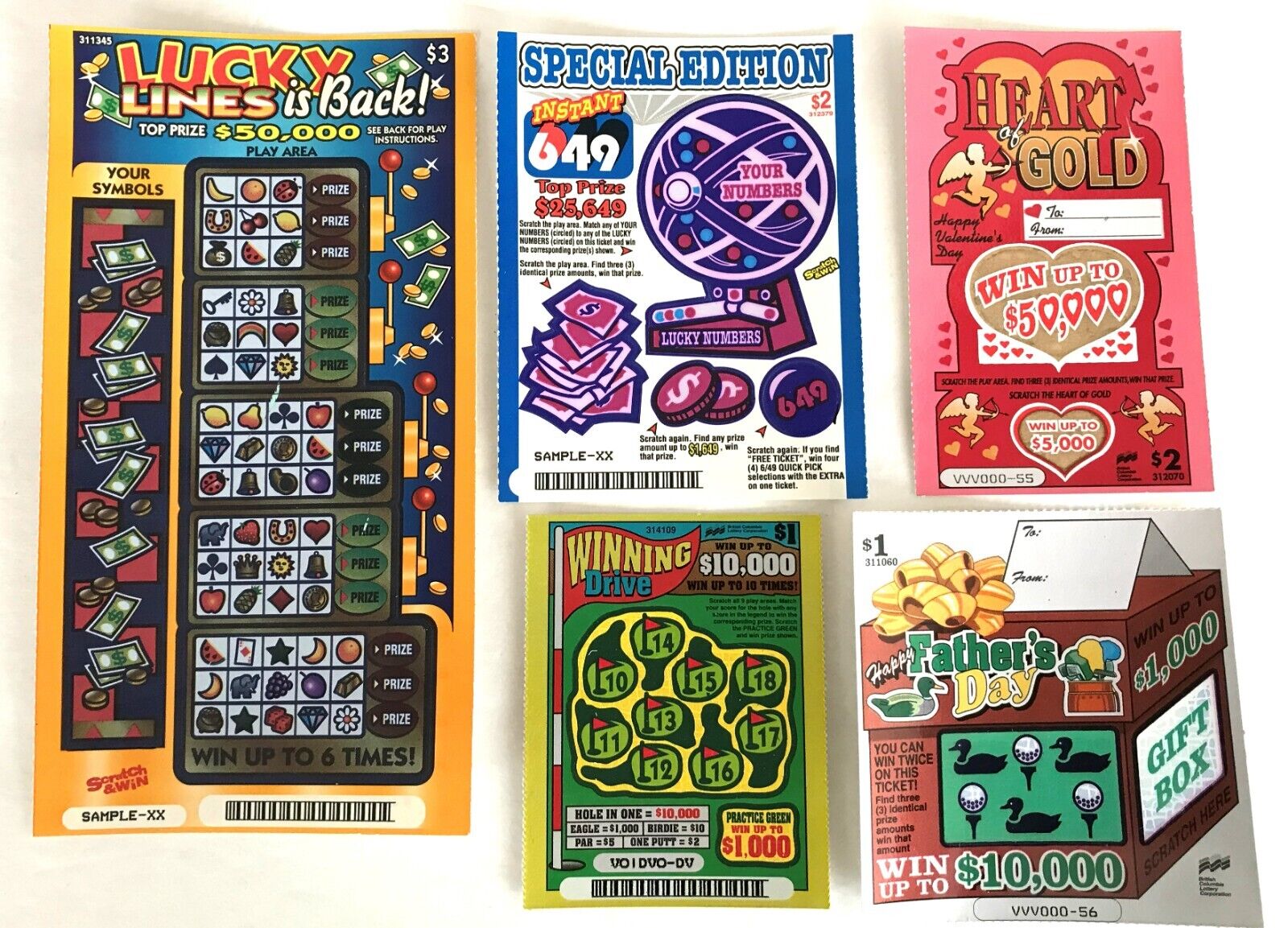 British Columbia  Canada   Instant SV Lottery Tickets, 5 different  sizes