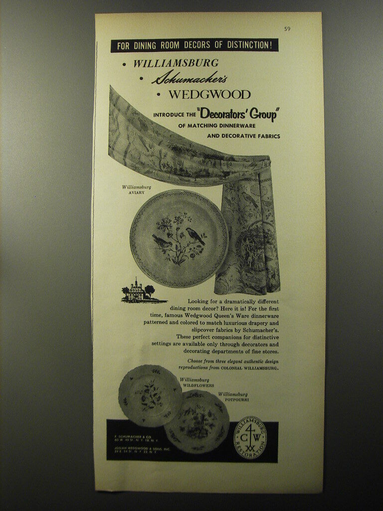 1956 Williamsburg Schumacher and Wedgwood Dinnerware Advertisement
