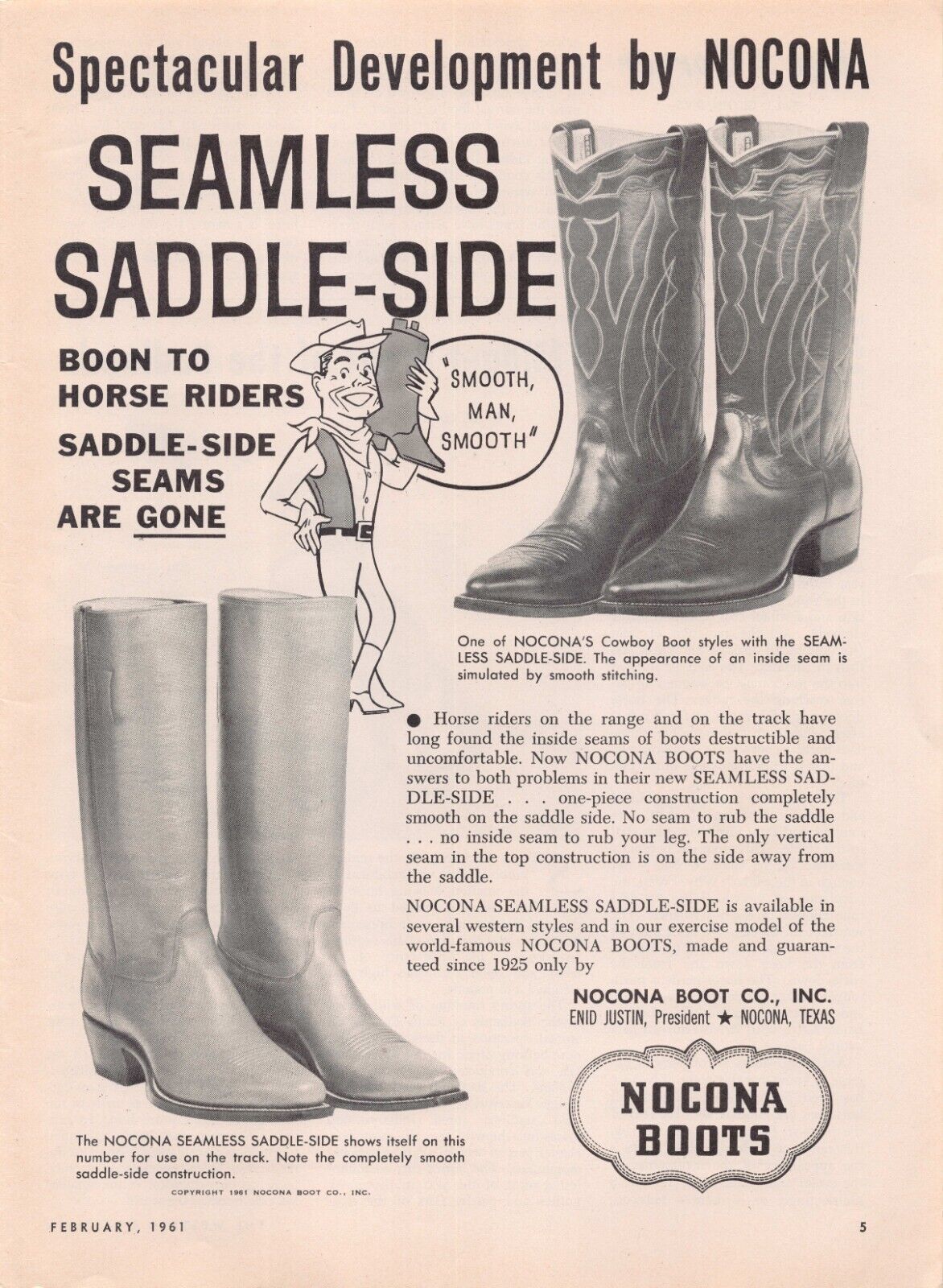 Nocona Boots Seamless Saddle-Side Texas Cowboy Footwear Smooth Man Vtg Print Ad