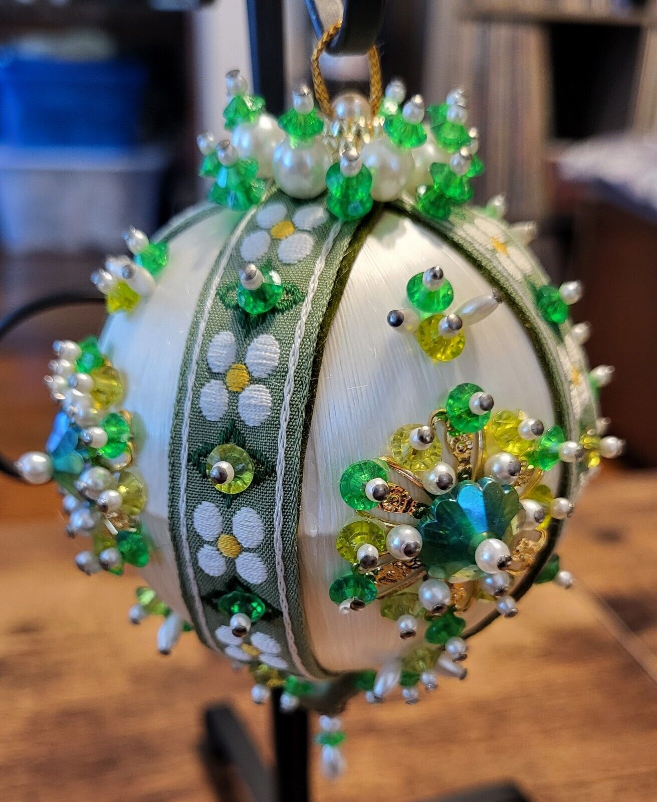 Vintage Christmas Ornament, Beaded Sequined Green