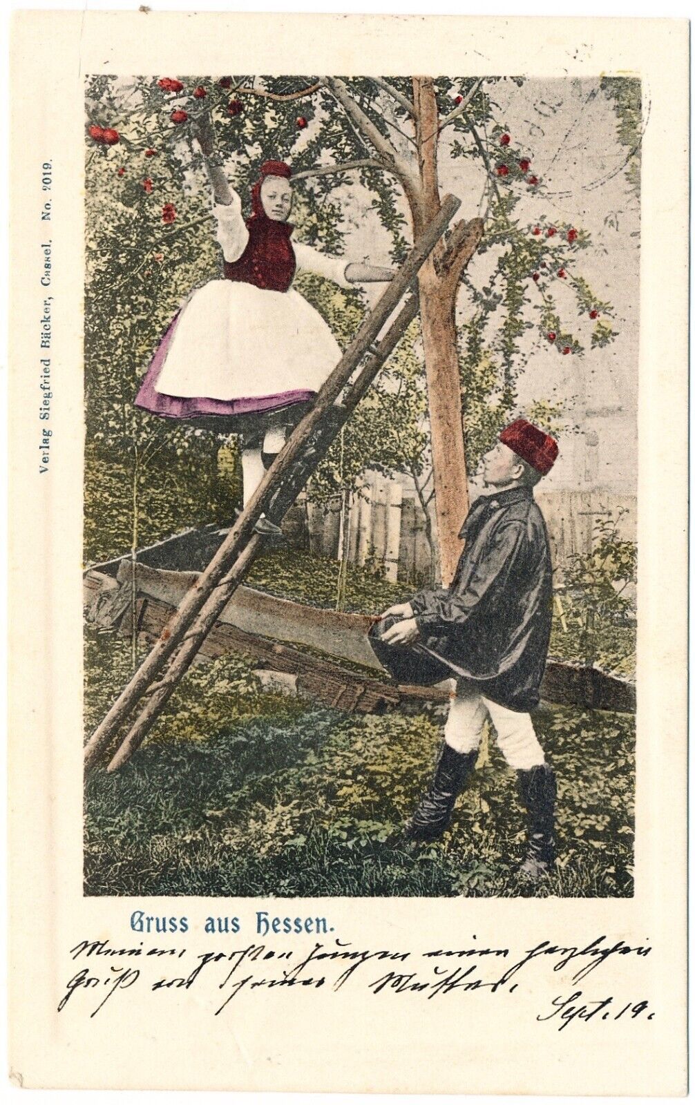 Gruss Aus Hessen-Couple Picking Apples-Verlag Siegfried Backer,Cassel-1903
