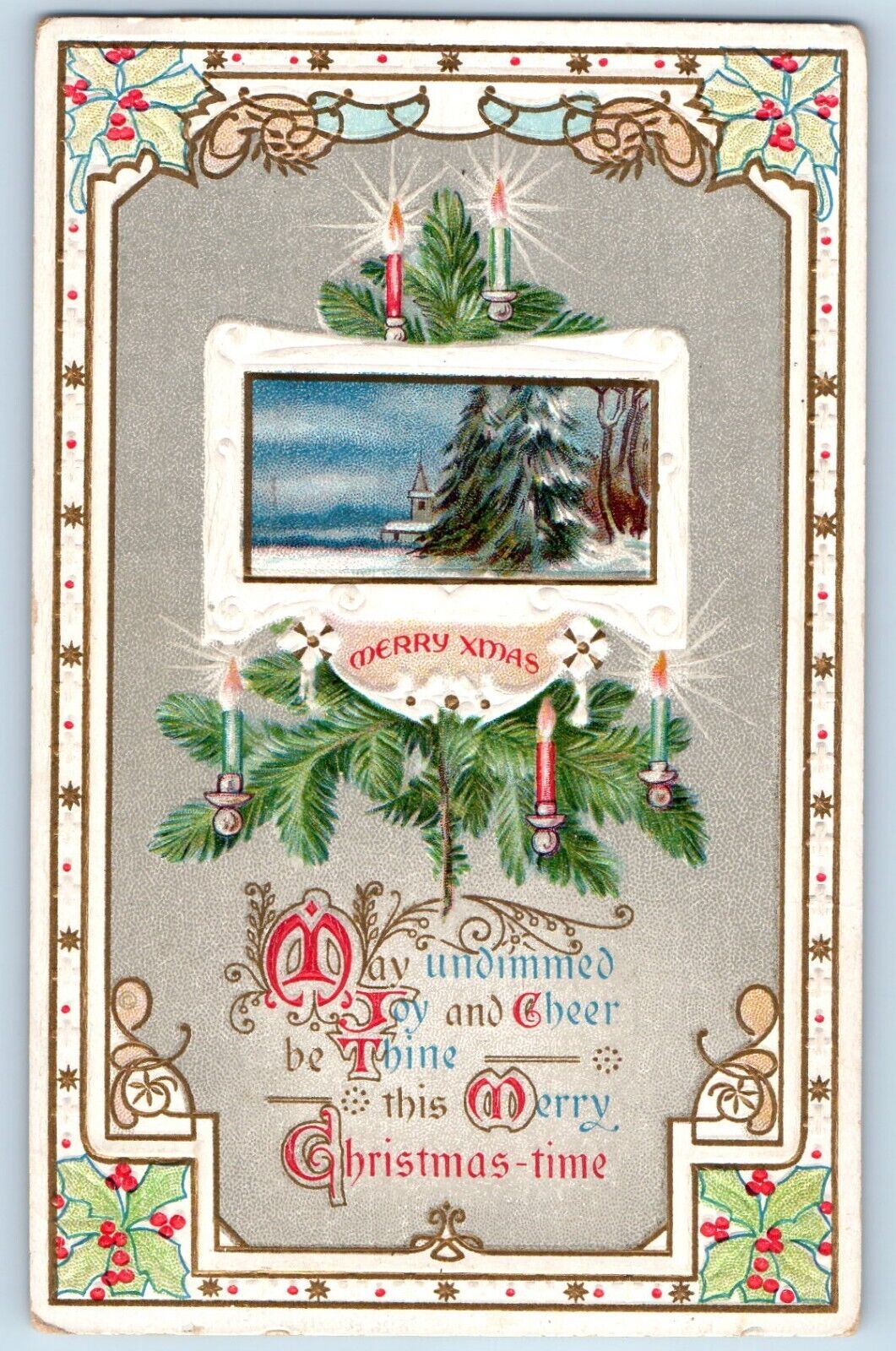 Christmas Postcard Candle Lights Holly Berries Winter Embossed Duluth Minnesota