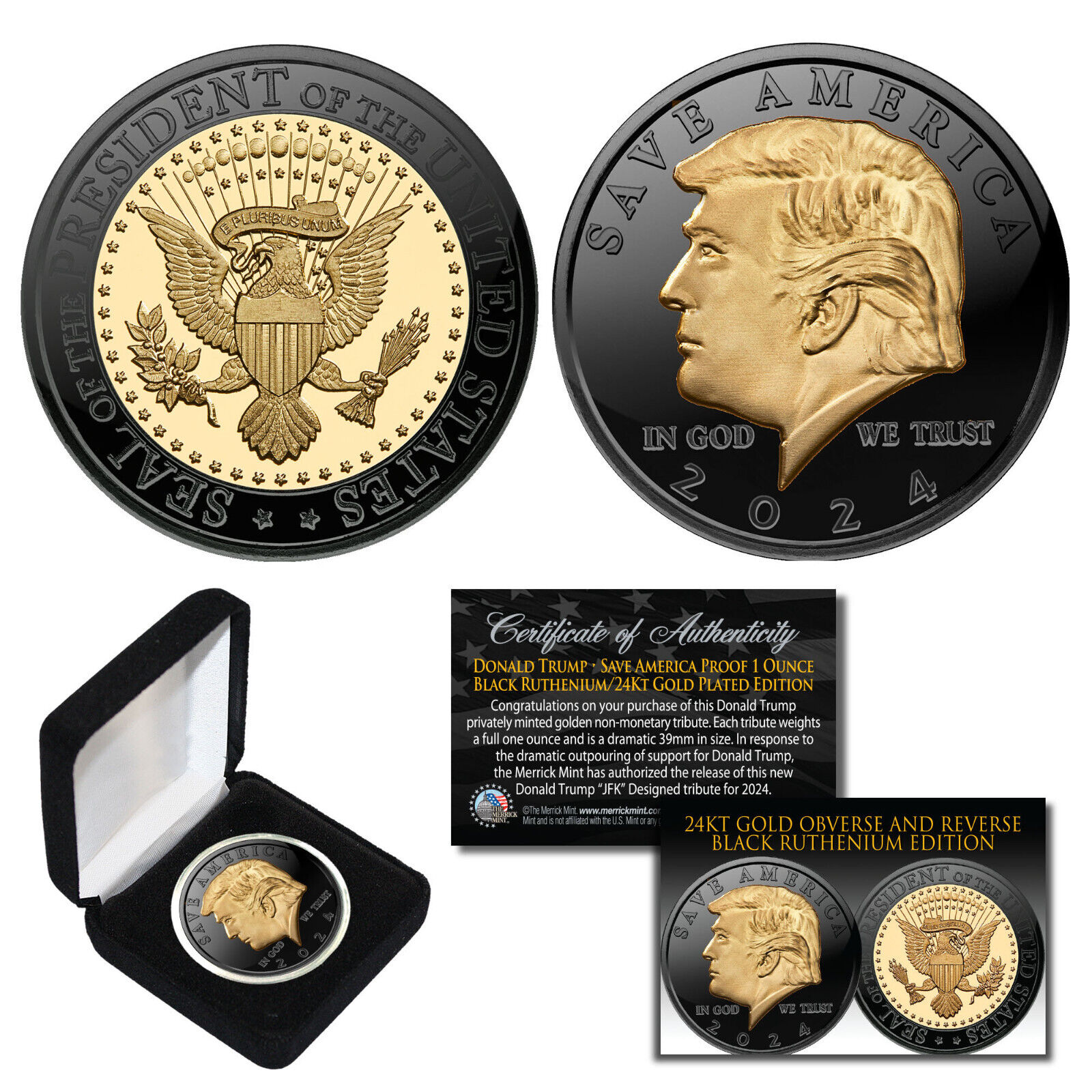 DONALD TRUMP Save America 2024 BLACK RUTHENIUM & 24K GOLD 1 OZ Coin with BOX