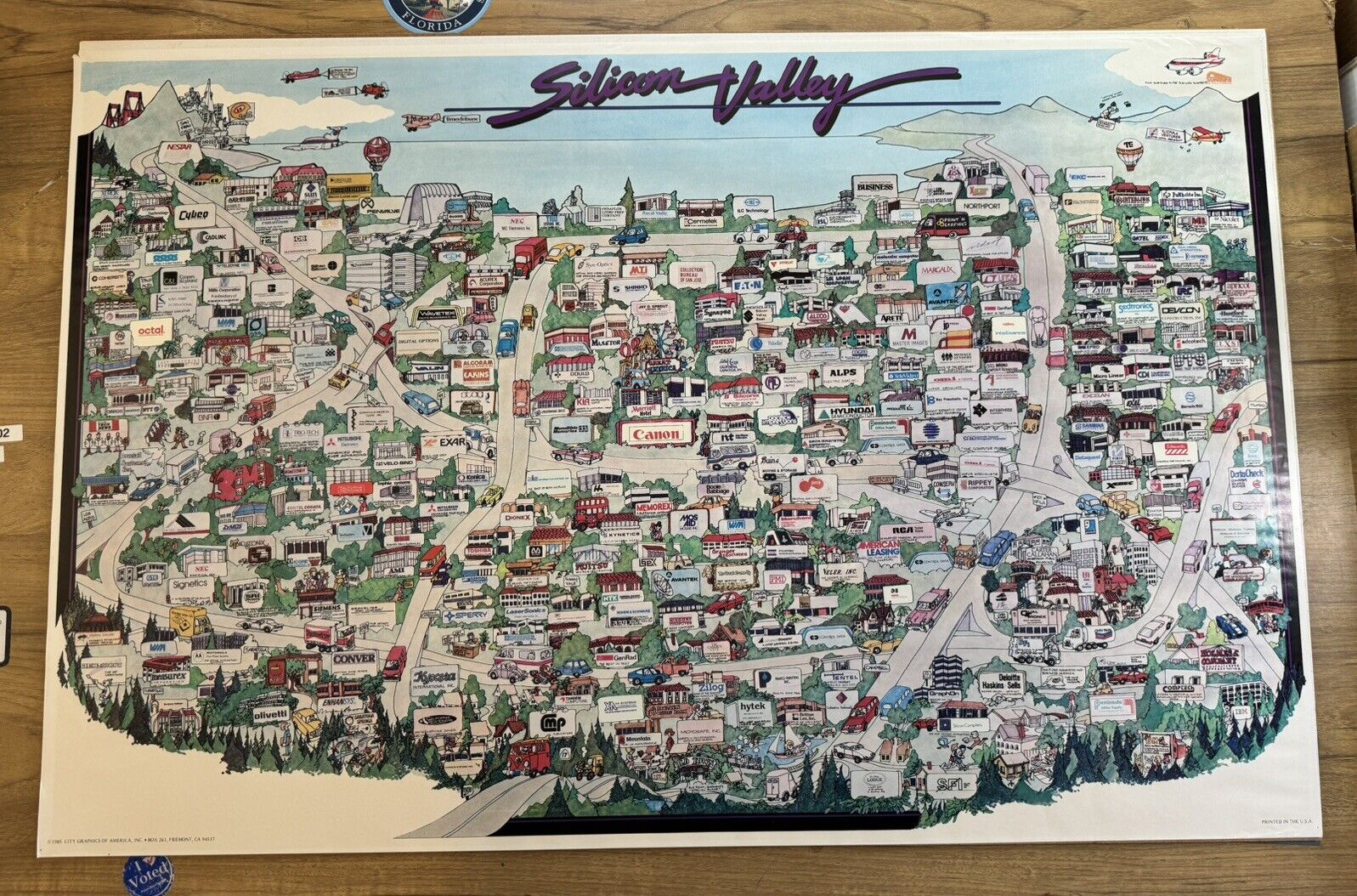 Vintage 1985 Silicon Valley Poster Birds Eye View Map Tech Start Up Companies