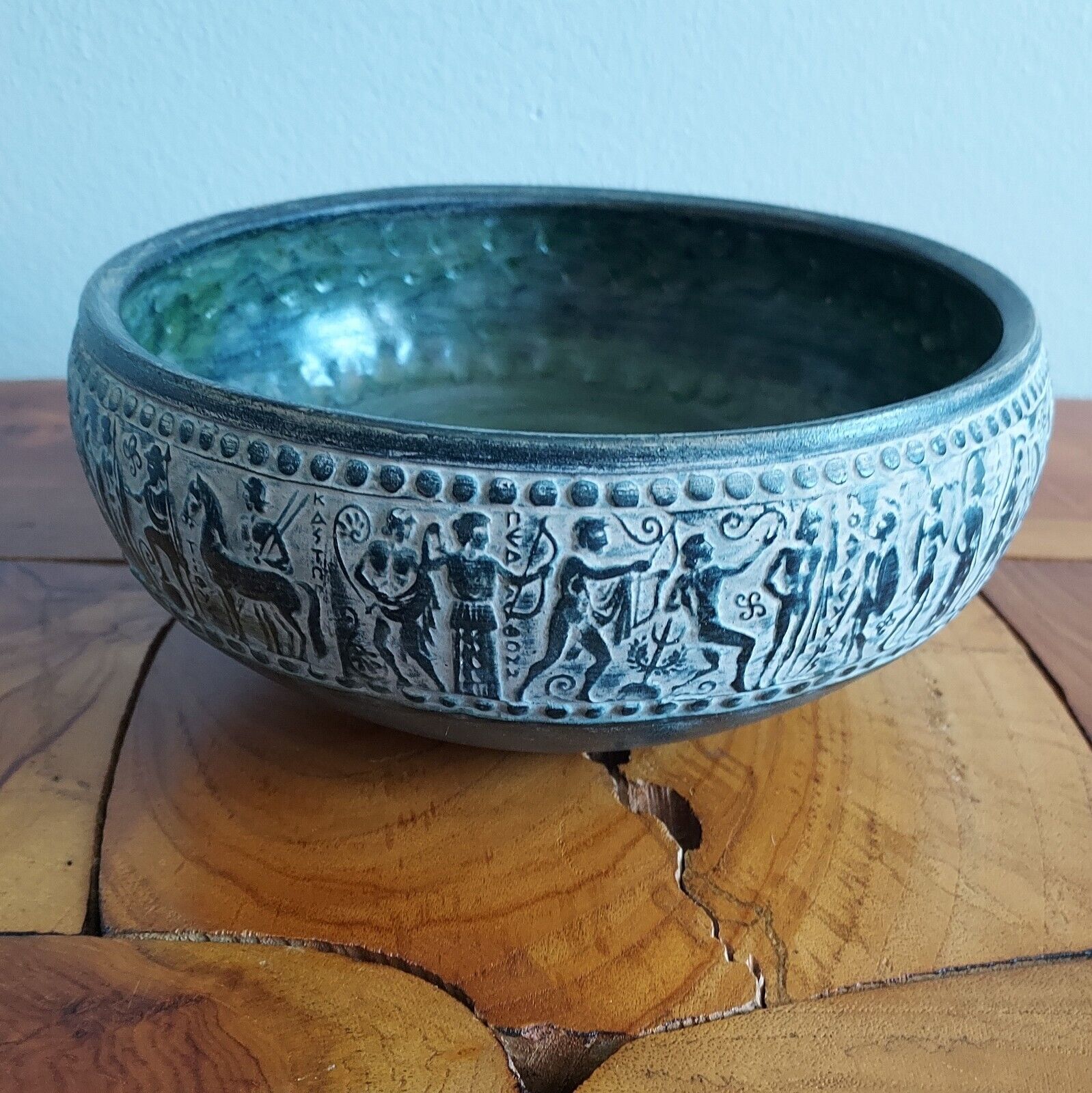 Greek Art Pottery Bowl Figural Relief Design Greece Dark Green Folk Art Vintage