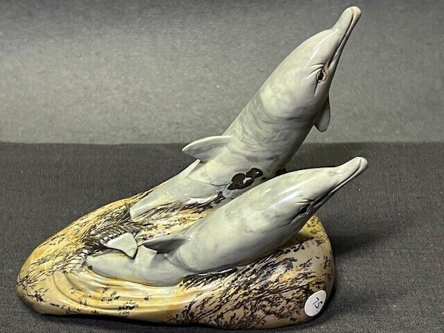 BEAUTIFUL PAIR OF DOLPHINS CARVED FROM 100% NATURAL CHINESE PICTURE STONE
