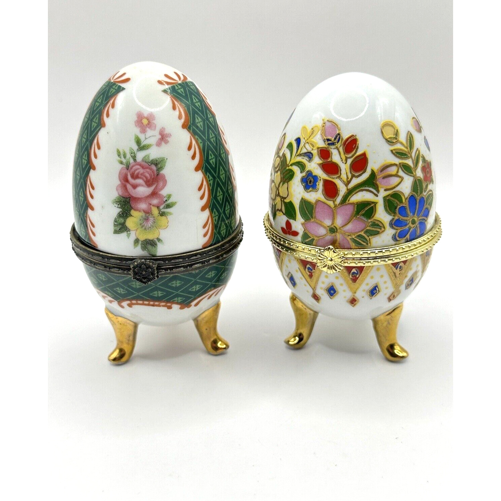 Lot of 2 Porcelain Painted Floral Egg Trinket Box Vintage Hinged Footed 4\