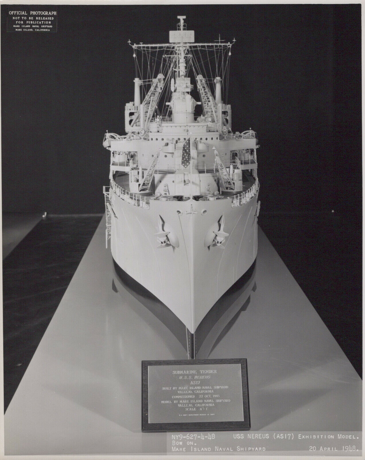 Mare Island Naval Shipyard USS NEREUS AS-17 Exhibition Model BOW ON 1948 Photo b