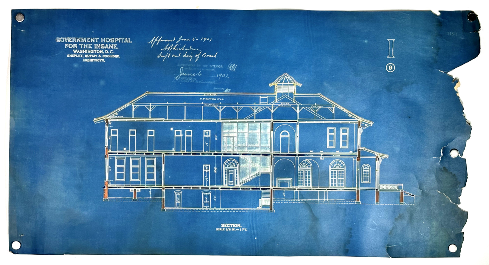 1901 Antique \'Government Hospital for the Insane\' Blueprint- Salvaged