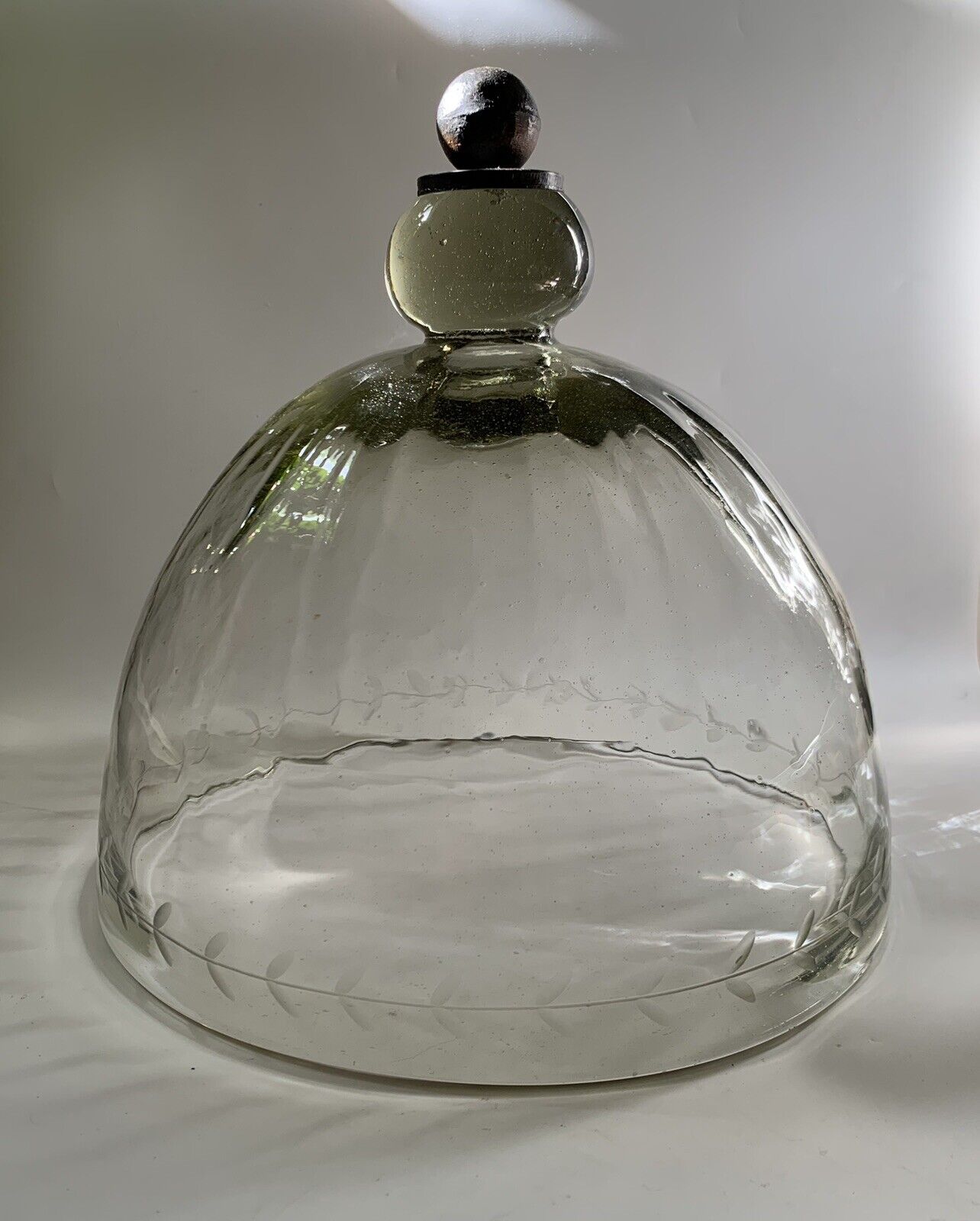 Vintage Glass Dome Cloche Hand Blown 10” Solid Metal Knob Handle
