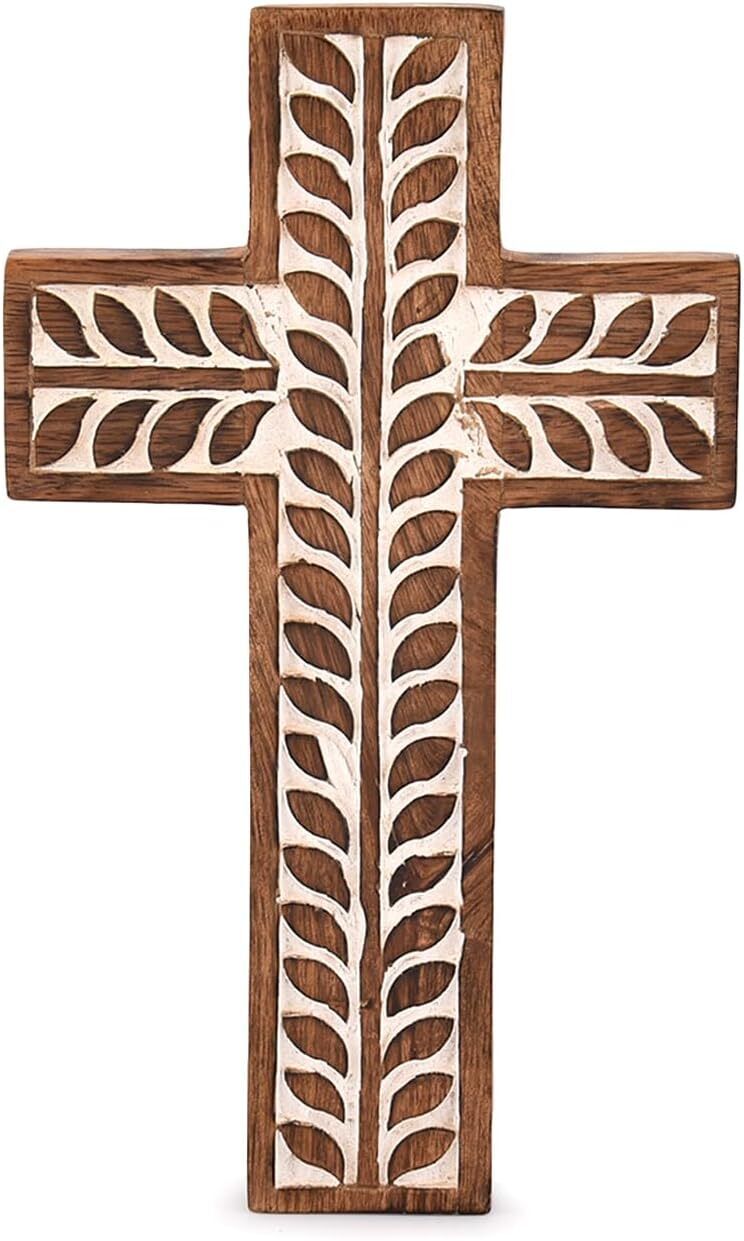 NIRMAN Mango Wood Religious Catholic Cross Wall Hanging Floral Carvings Living R