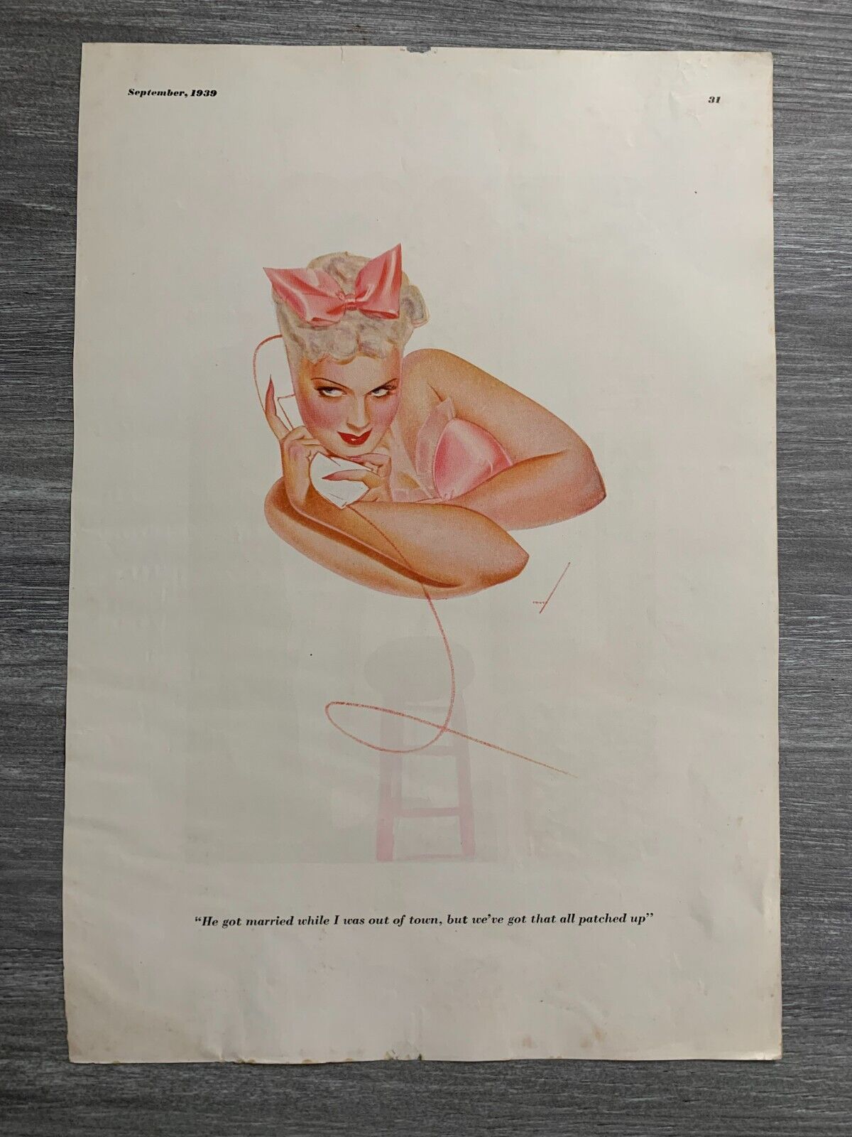 1939 Sept ESQUIRE MAGAZINE Petty Girl Pin-Up Page (FN 6.0) All Patched Up