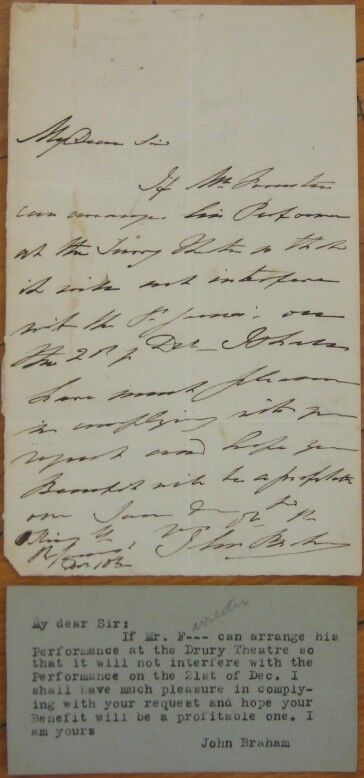 JOHN BRAHAM 1820s ALS Autograph Letter - Jewish Opera Singer, Tenor - Judaica