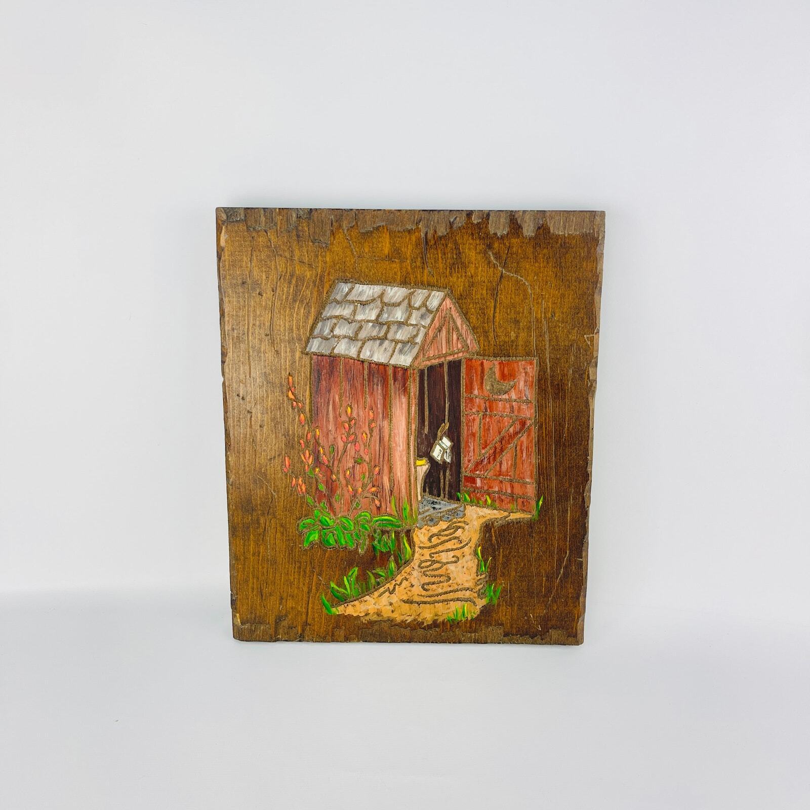 Handcrafted Carved Outhouse Country Art Plaque 12 1/8 x 10 1/8”