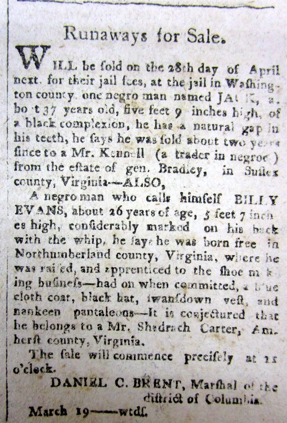 Rare 1806 Washington DC newspaper RUNAWAY SLAVE AD for SALE of UNCLAIMED NEGR0ES