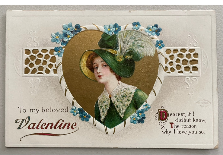 1912 To My Beloved Valentine postcard Lady with large feather hat gold gilt