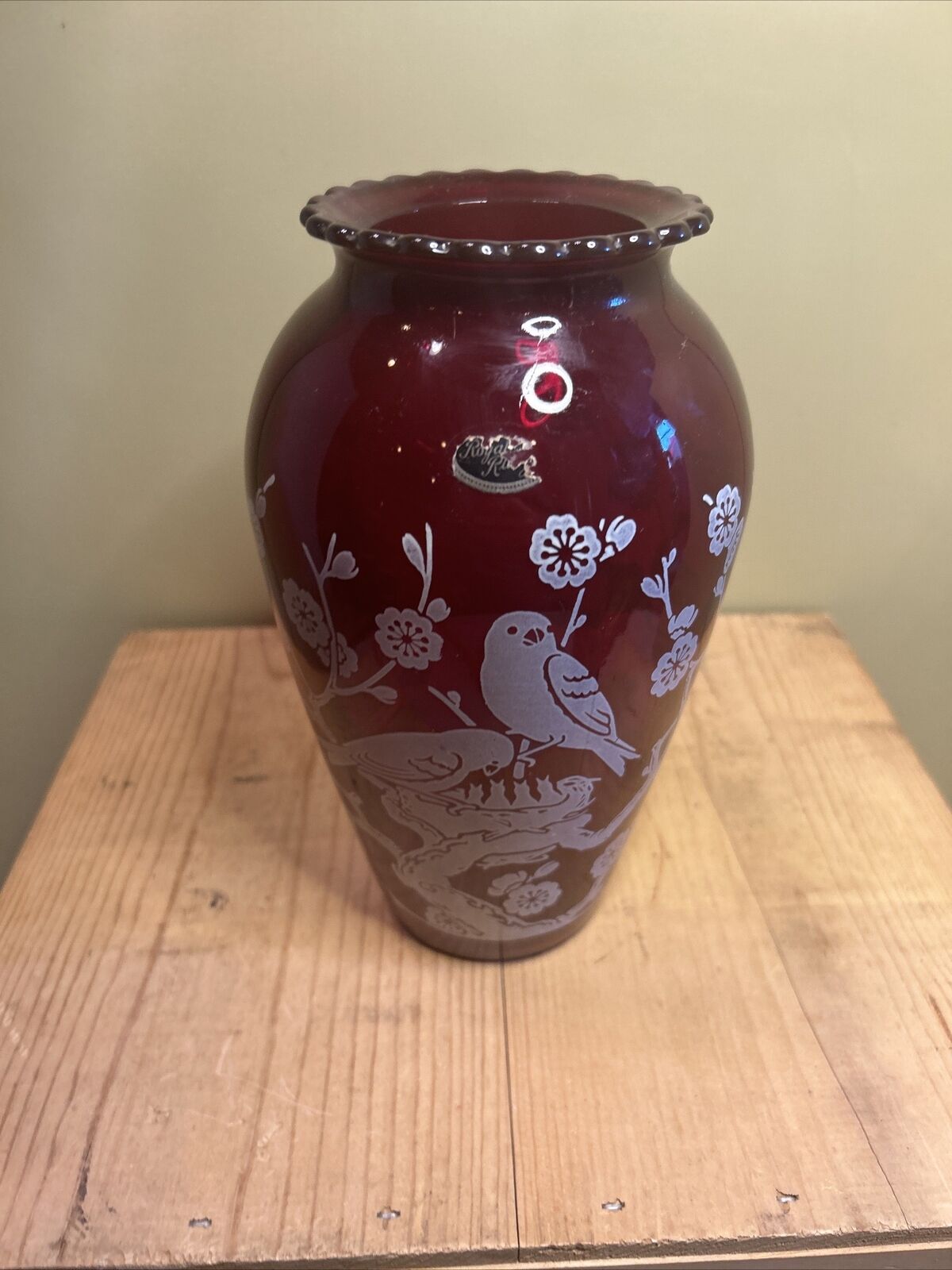 Vintage Anchor Hocking Ruby Red Glass Hoover Vase With White Bird Design