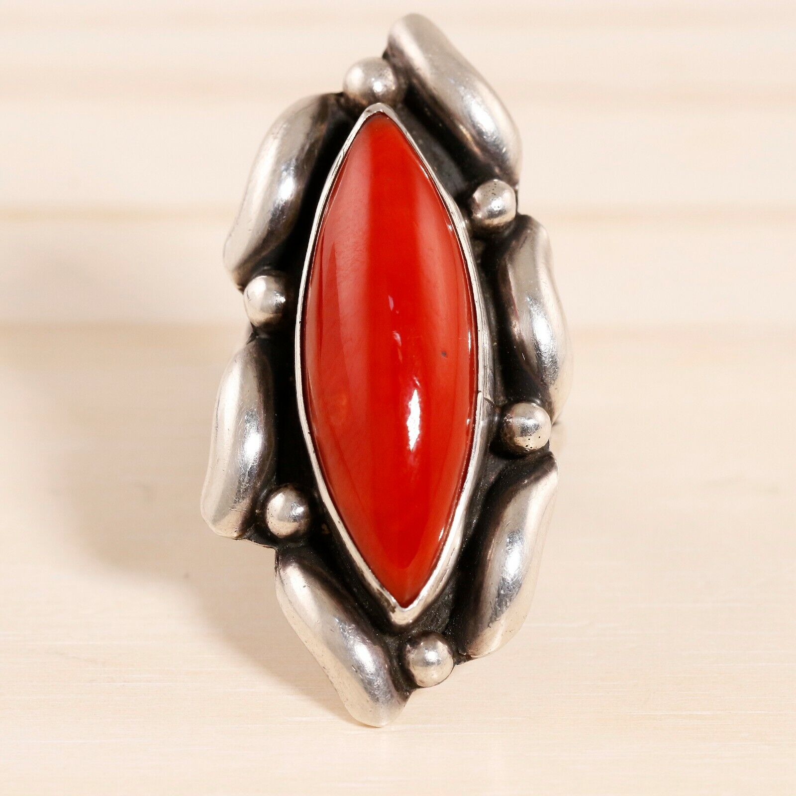 LARGE NATIVE AMERICAN STERLING POINTED OVAL OX BLOOD MEDITERRANEAN CORAL RING