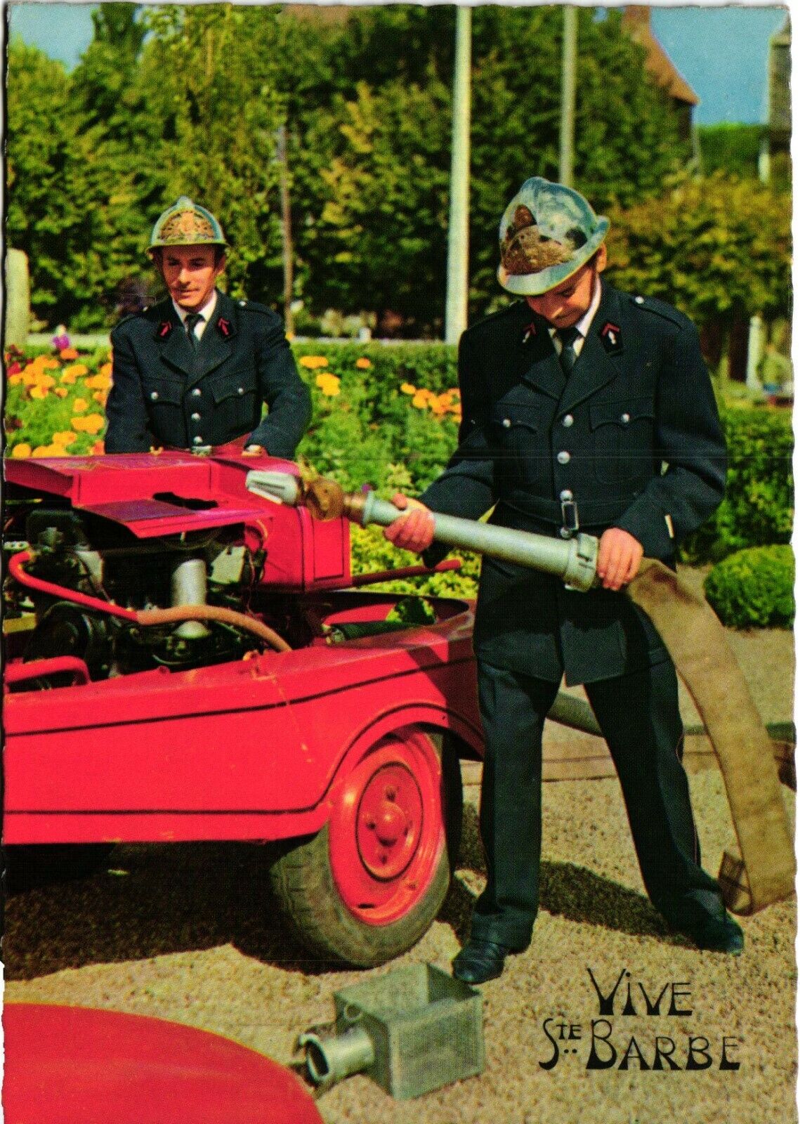 French firemen fire-fighter and fire truck 1960s old postcard