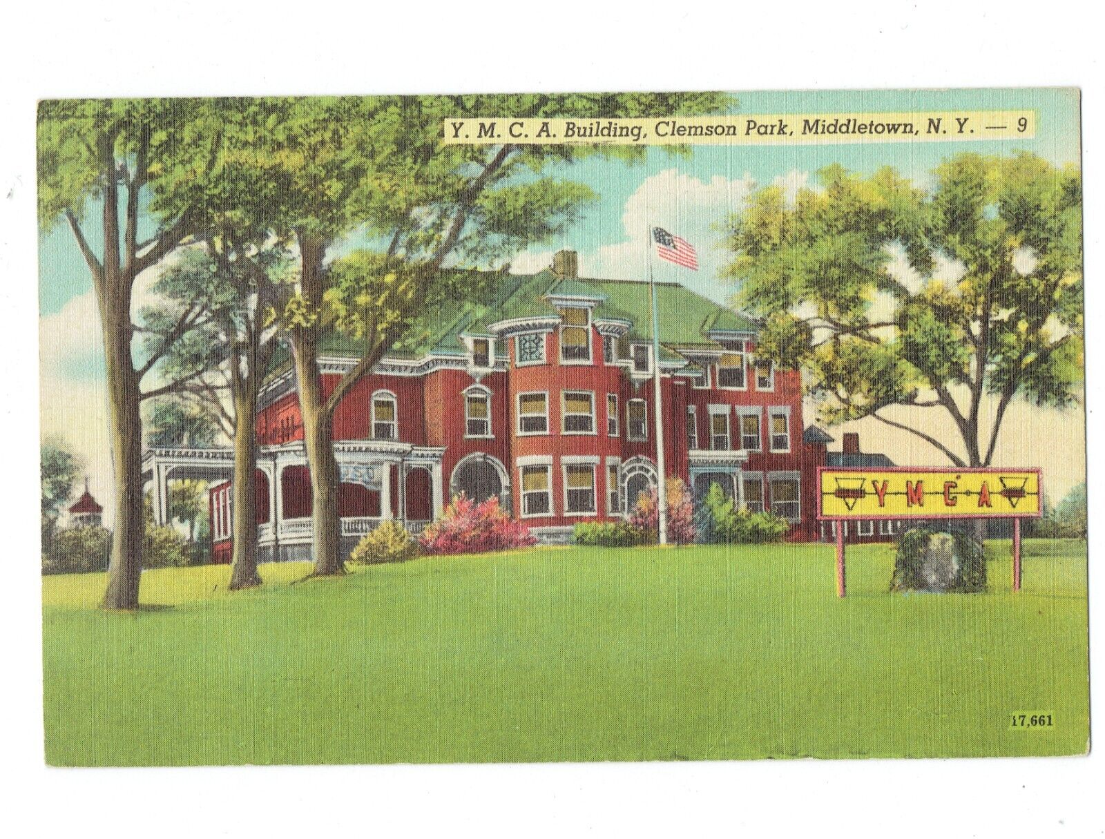 Postcards Vin (1)NY, Middletown Y.M.C.A Bldg, Clemson Park 9/17,661 P 1947 (280