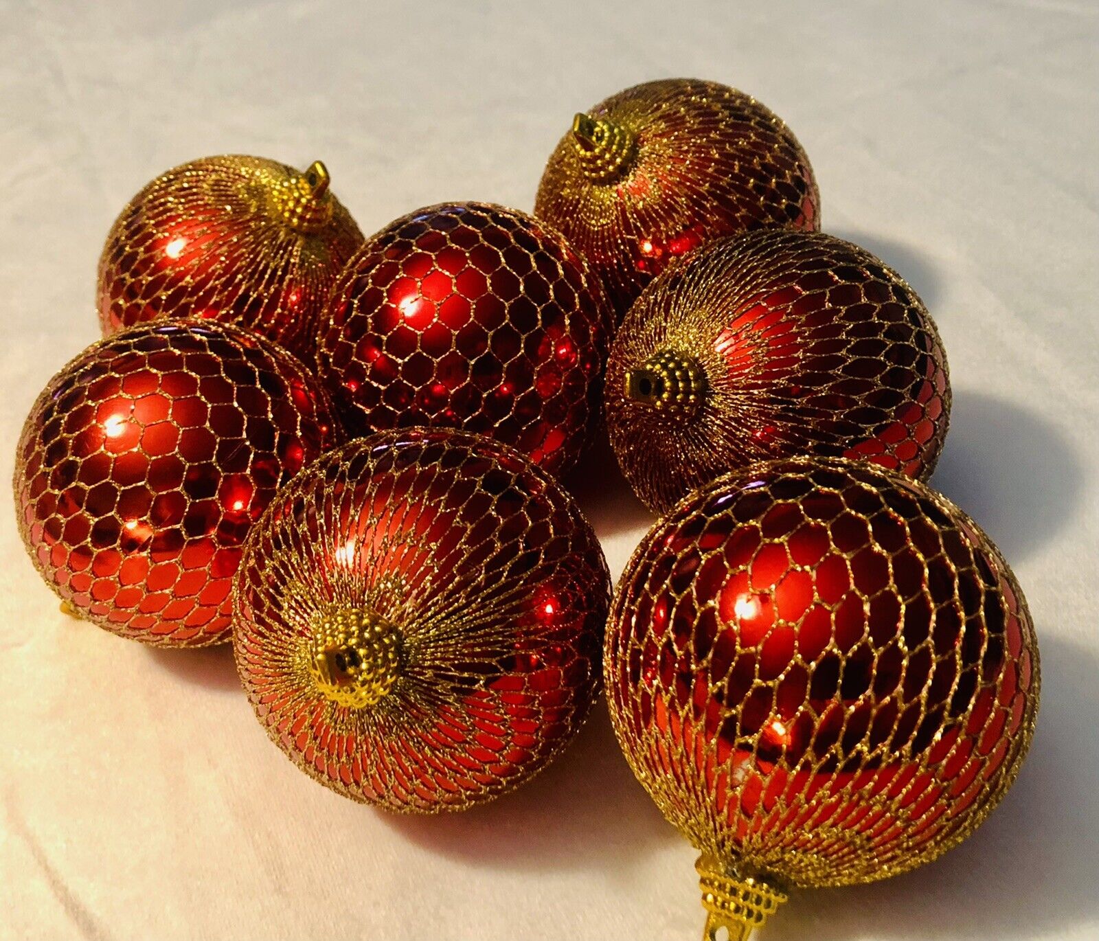 Lot of 8 Vintage Shiney Red Gold Mesh Wrapped Glass Ball Bulb Ornaments 