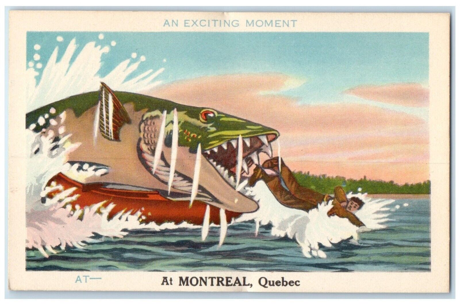 c1940\'s An Exciting Moment Exaggerated Fish Montreal Canada Postcard