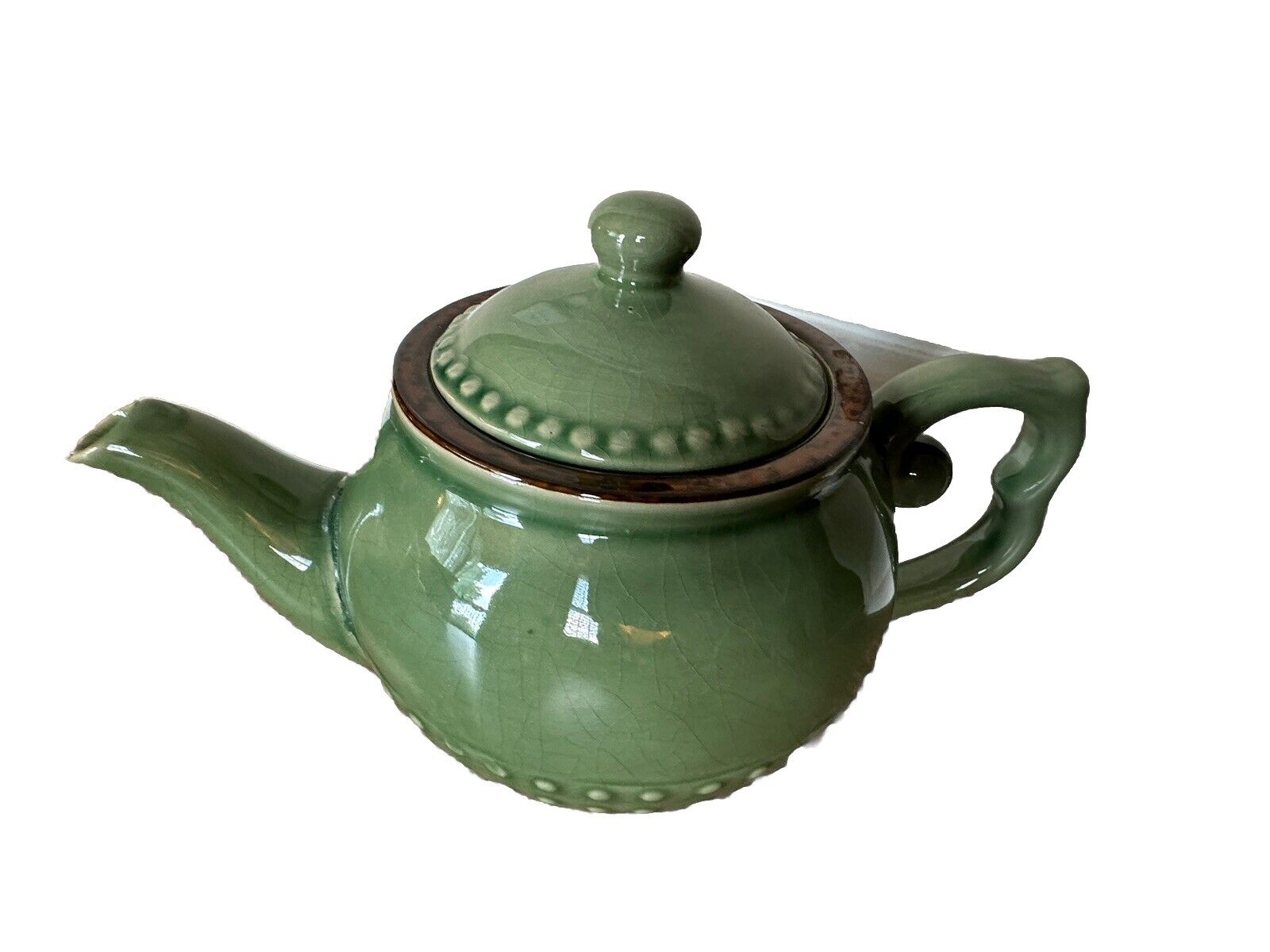 Vintage Ceramic Light Green Olive Tea Pot With Lid Handmade MCM polka Dot Design