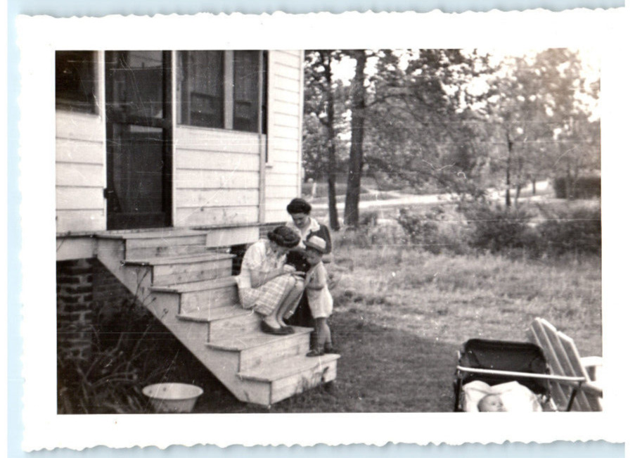 Vintage Photo 1940s, Back porch scene, mother, baby in bassinet, & boy, 4.5x3.5