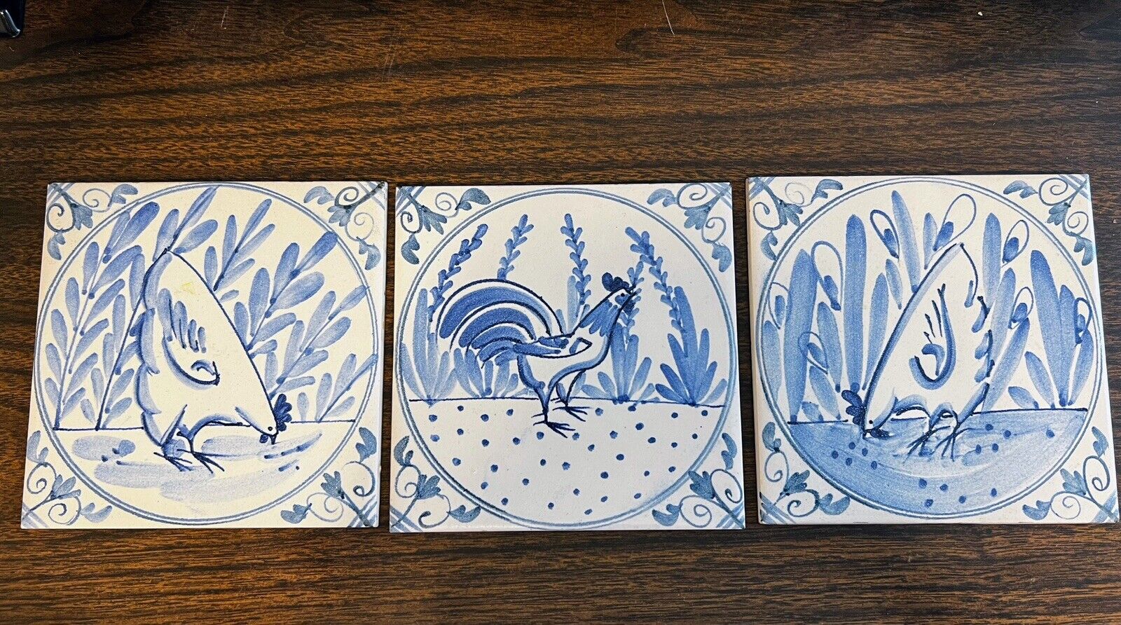 Folk Art Chicken Tiles 6 x 6 Ceramic Blue and White 3 Pieces VG Condition