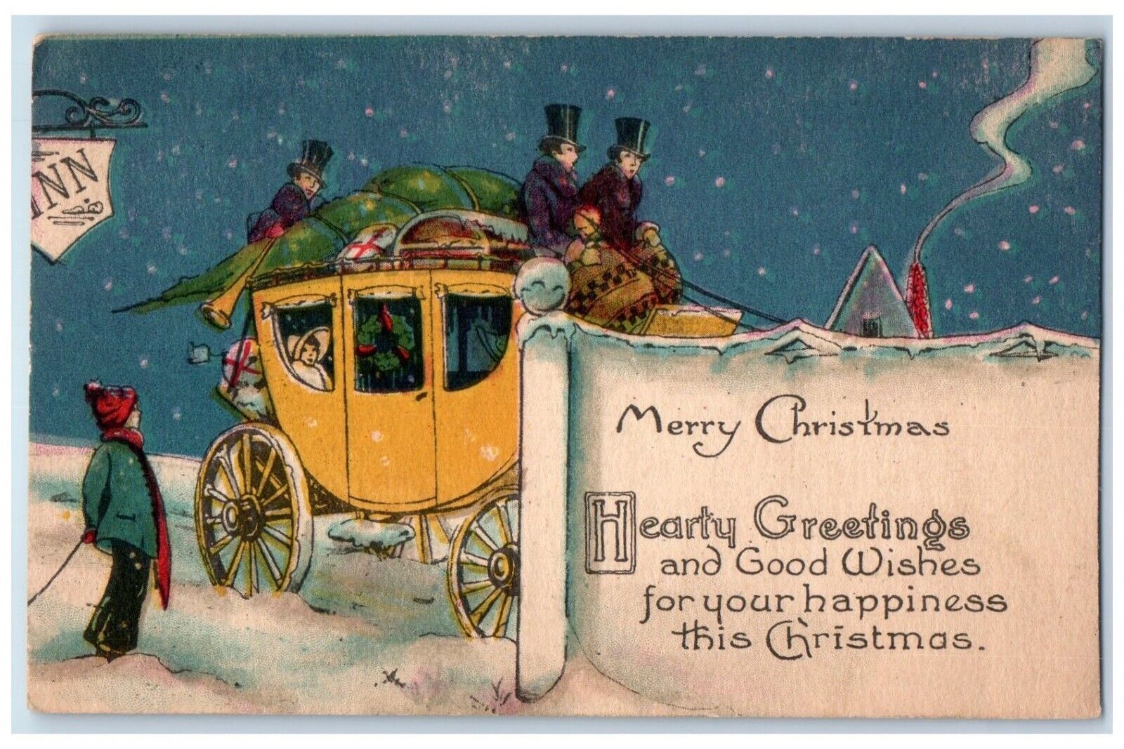 1928 Christmas Greetings Carriage Man At The Top Inn Sign Winter Posted Postcard