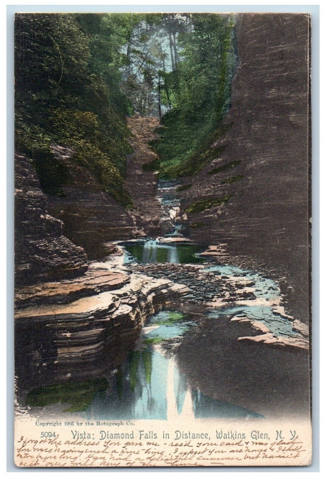 Watkins Glen New York NY Postcard Vista Diamond Falls Distance Trees 1907 Posted