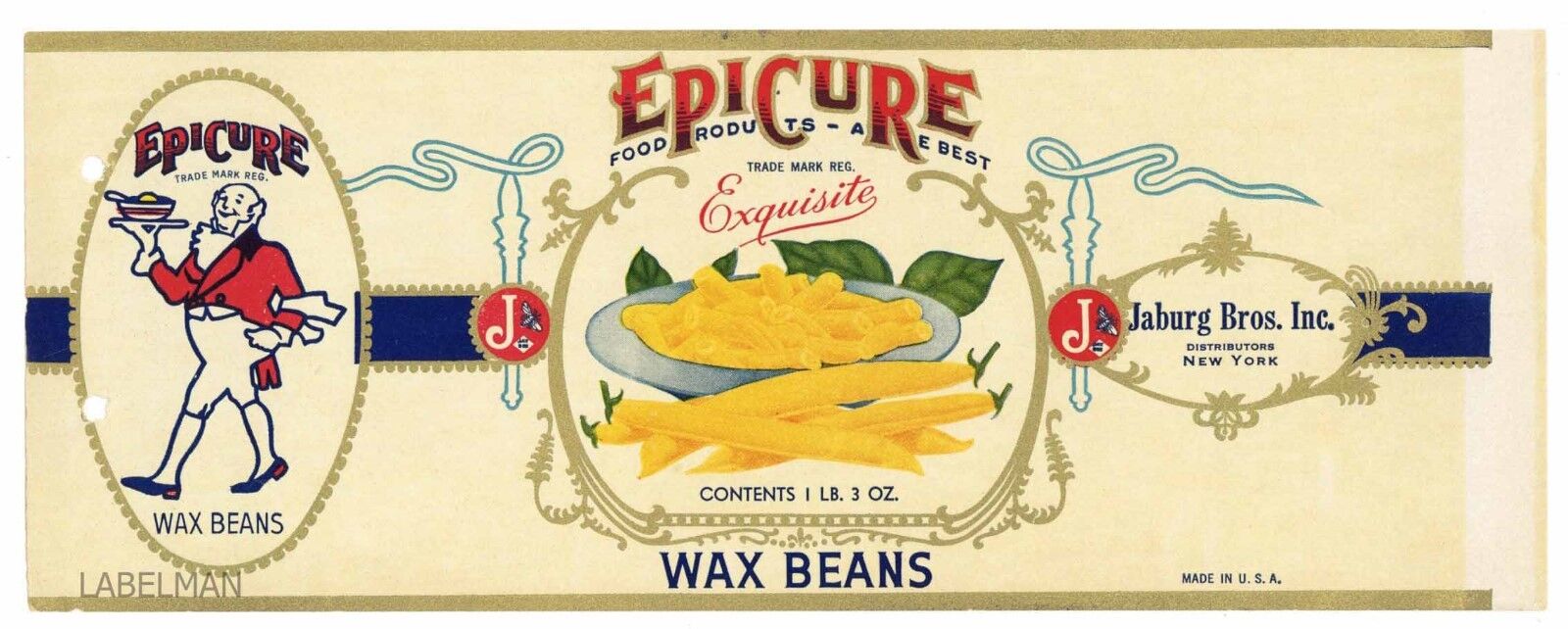 EPICURE Brand, Jaburg Bros, Wax Beans *AN ORIGINAL 1930’s TIN CAN LABEL* P12